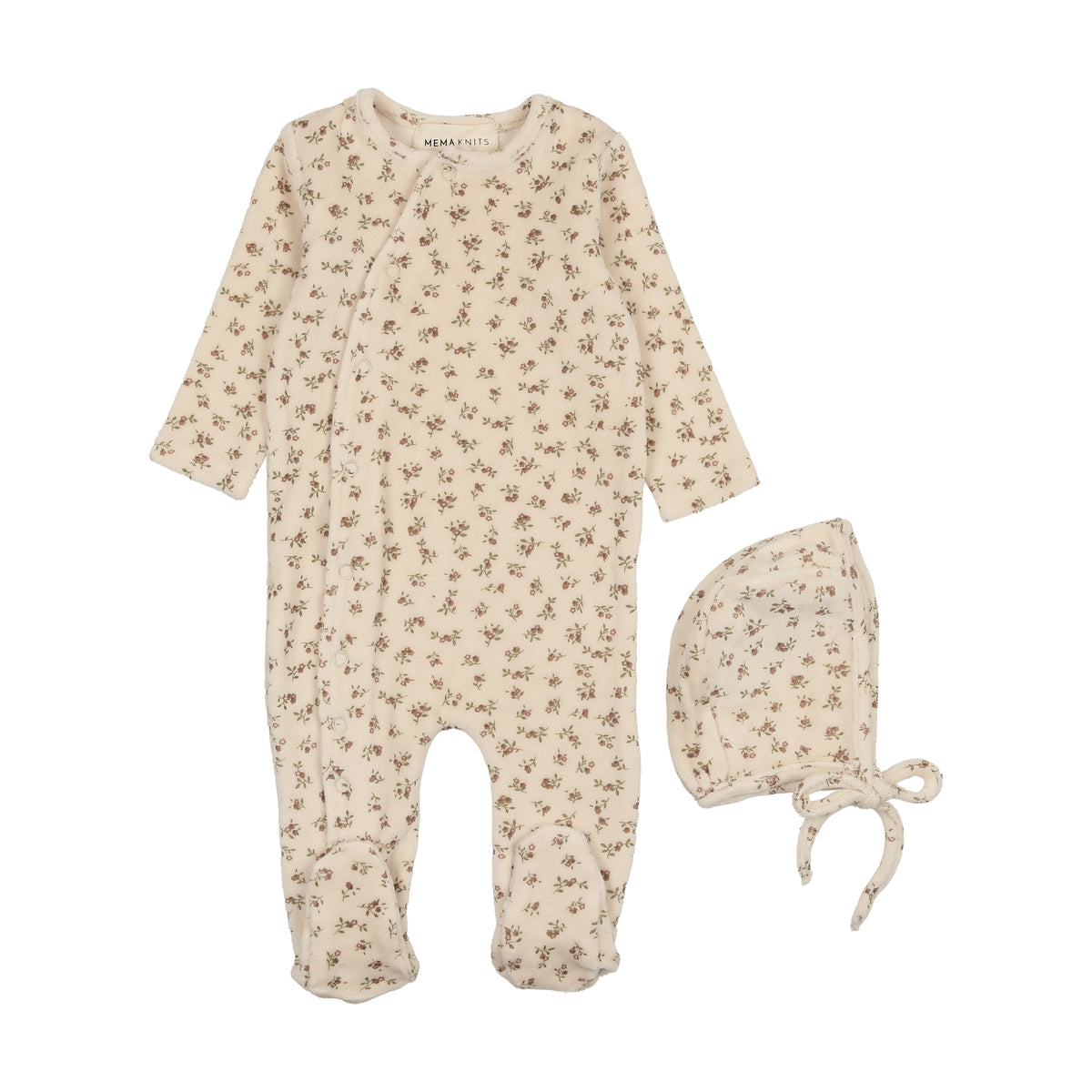 Mema Knits Printed Velour Side Snap Footie & Hat