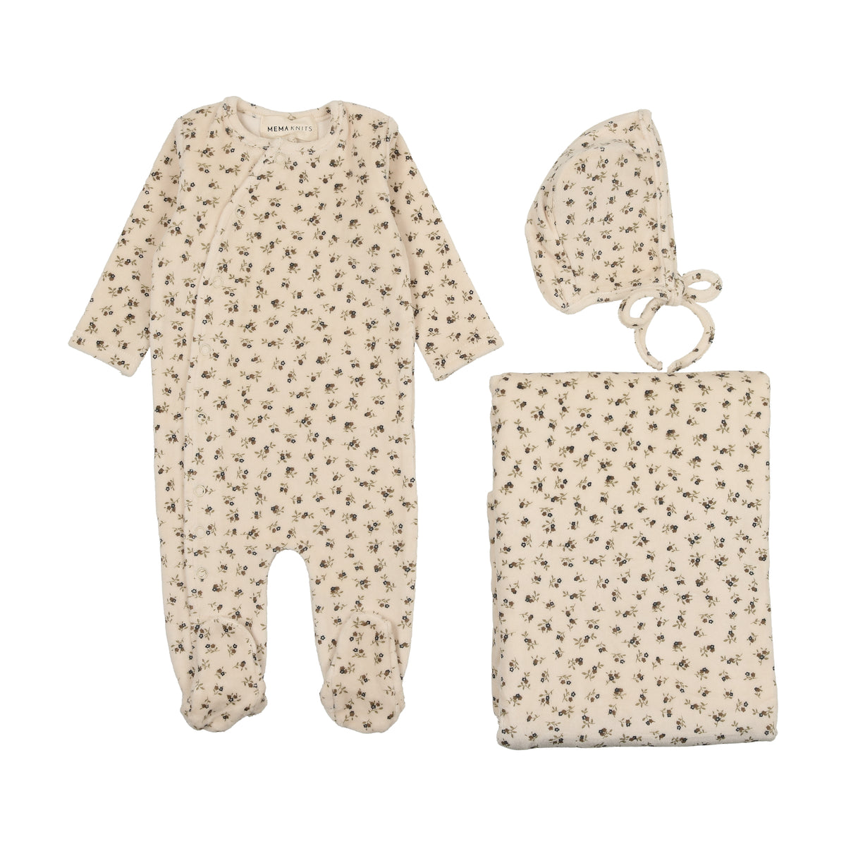 Mema Knits Printed Velour Side Snap Layette set