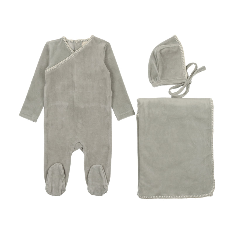 Mema Knits Velour Embroidered Layette Set