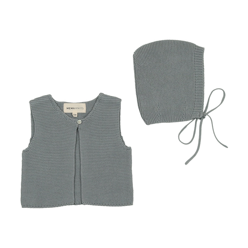 Mema Knits Knit One Button Crop Vest & Bonnet