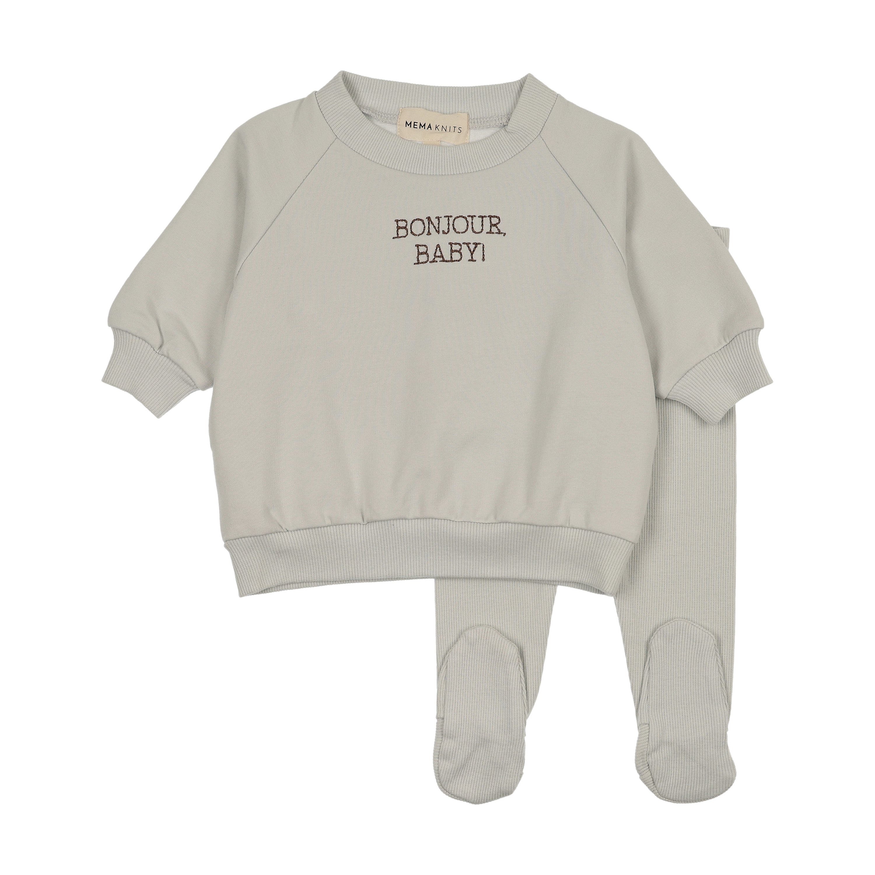 Mema Knits Bonjour Baby Stitched Sweatshirt Set - Ice Blue
