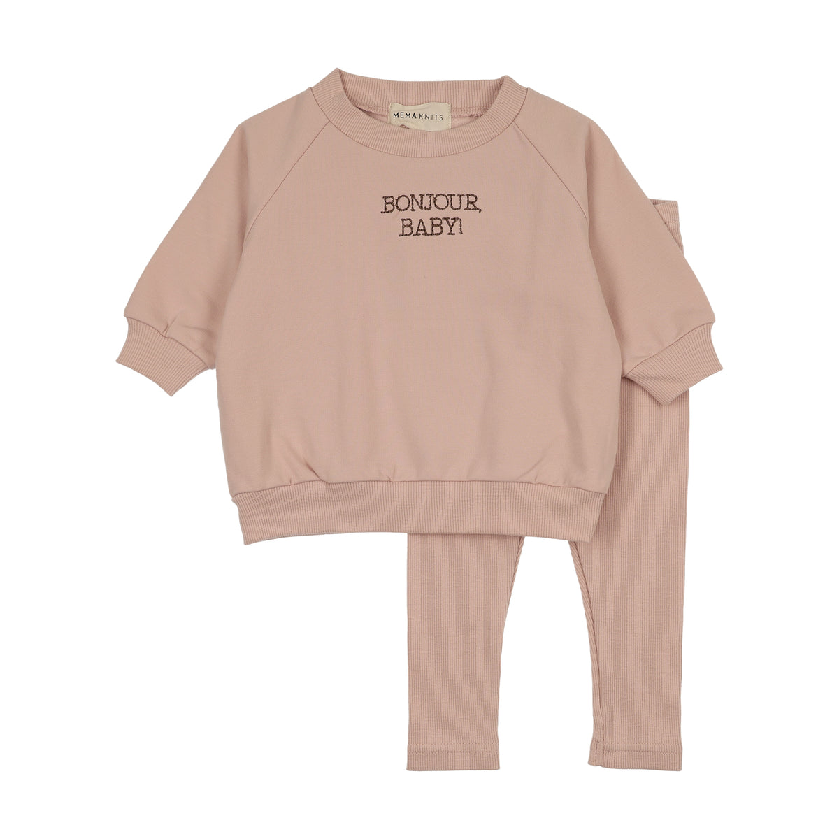Mema Knits Bonjour Baby Stitched Sweatshirt Set - Pale Rose