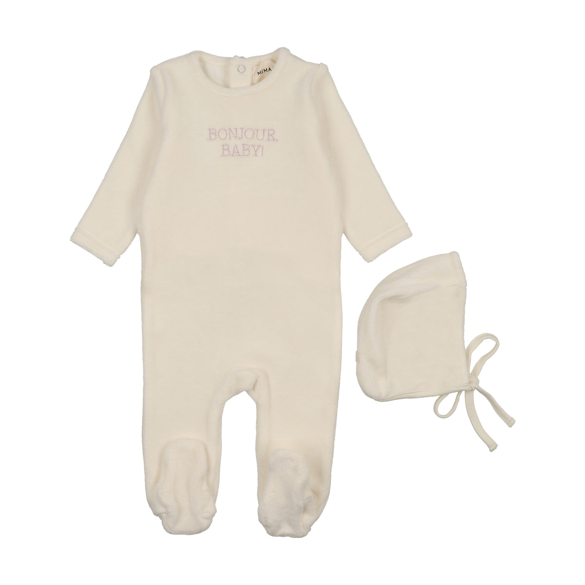 Mema Knits Bonjour Baby Stitched Velour Footie & Hat - Ivory/Pink