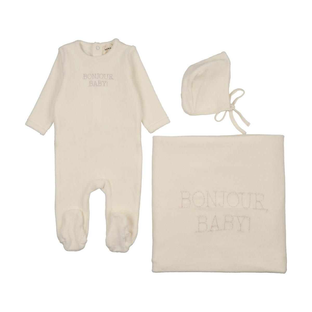 Mema Knits Bonjour Baby Stitched Velour Layette Set - Ivory/Pink