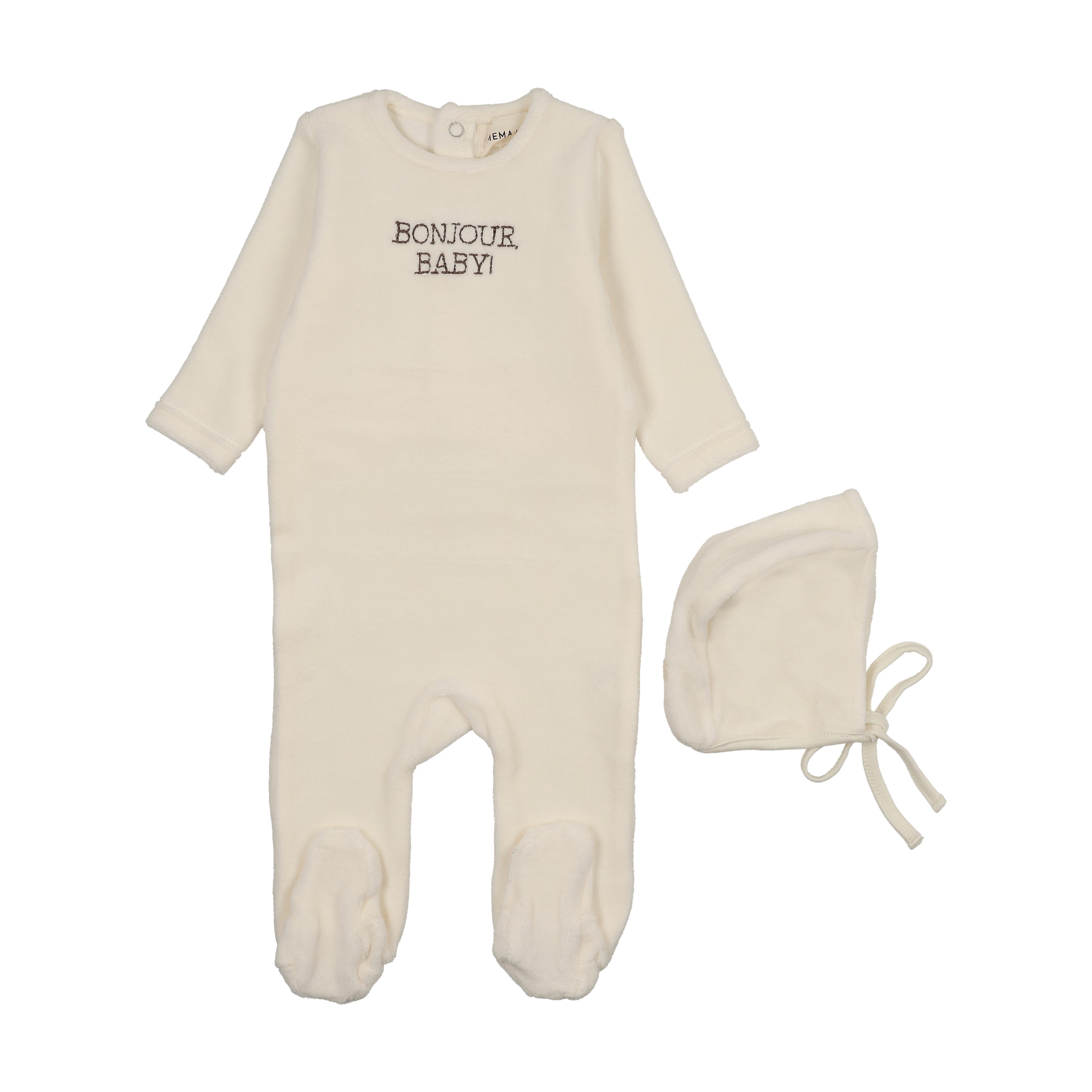 Mema Knits Bonjour Baby Stitched Velour Footie & Hat - Ivory/Otter