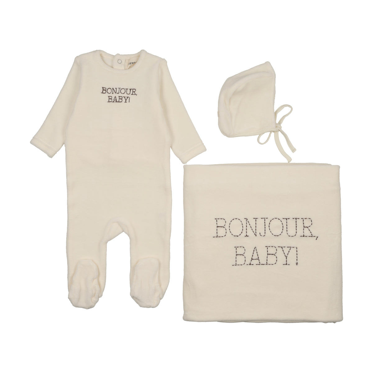 Mema Knits Bonjour Baby Stitched Velour Layette Set - Ivory/Otter