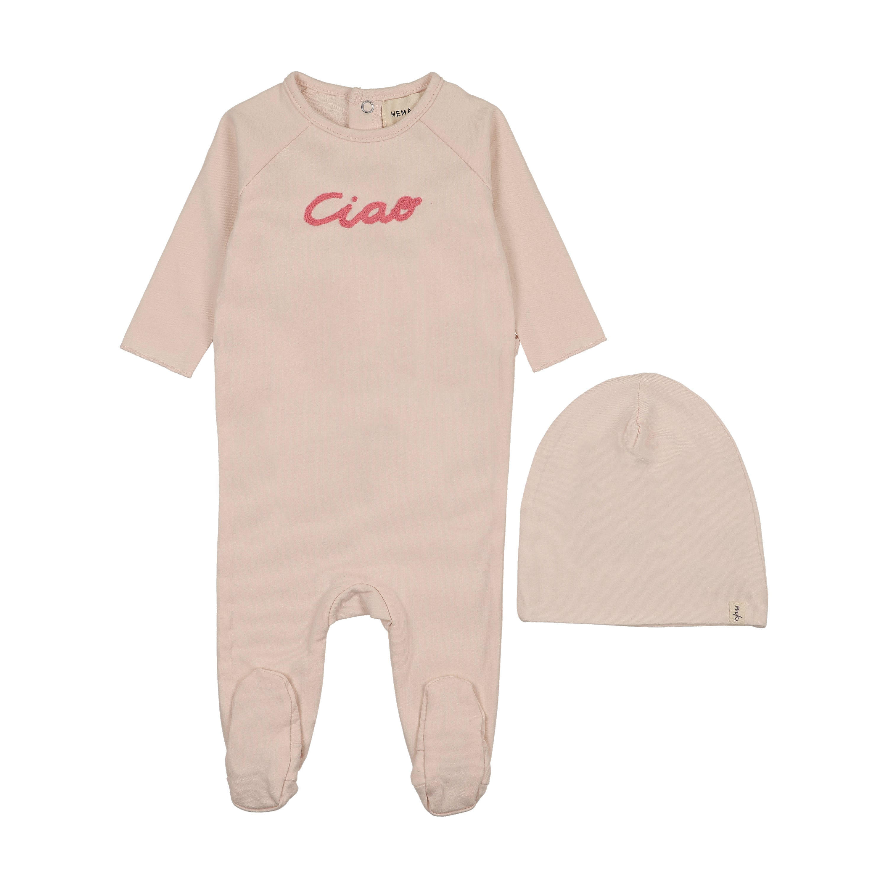 Mema Knits French Terry Embroidered Wordart Footie & Beanie - Baby Blush