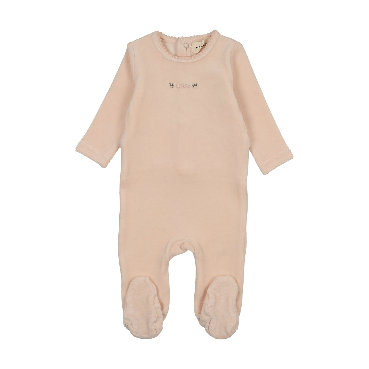 Mema Knits Embroidered Velour Footie - Baby Blush
