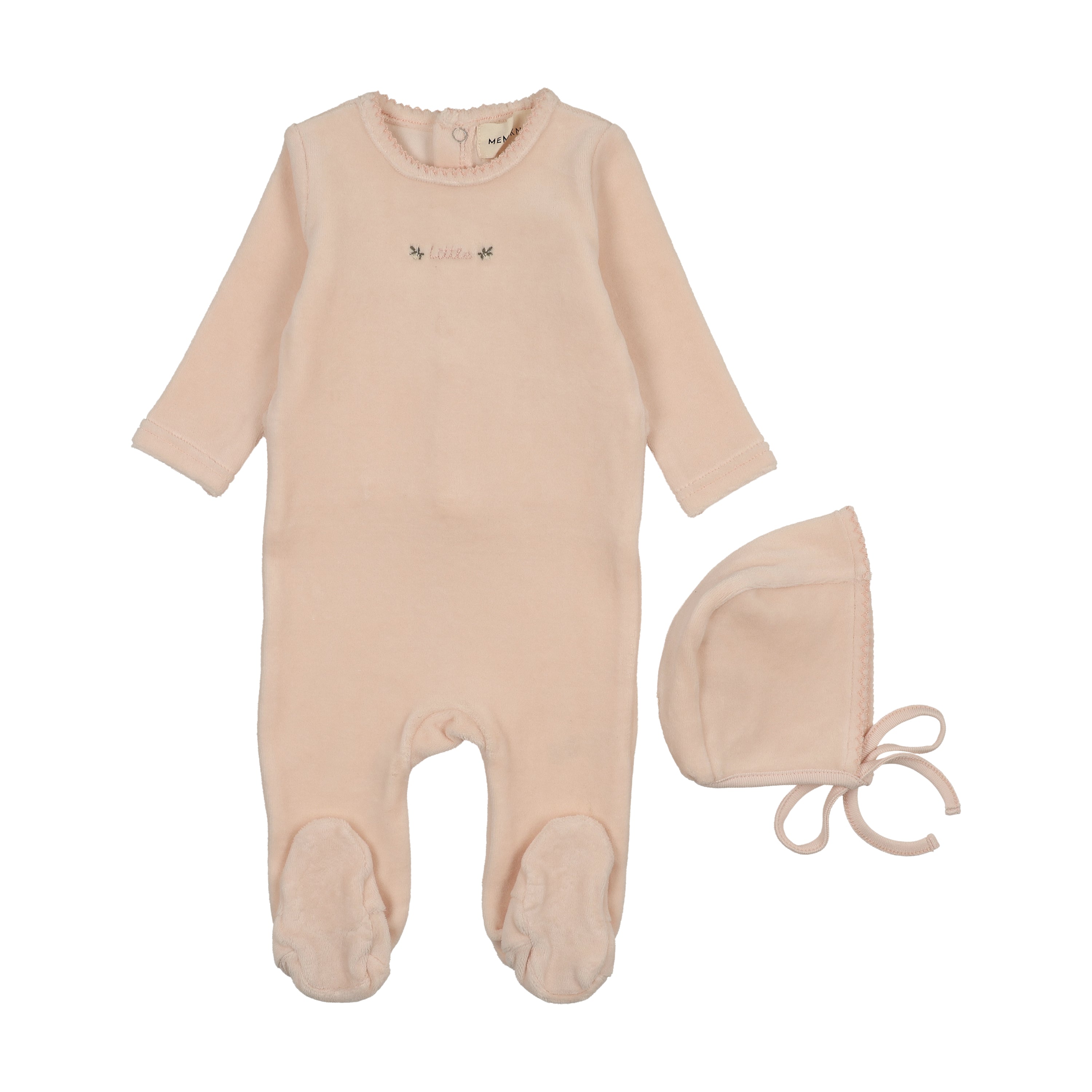 Mema Knits Embroidered Velour Footie & Hat - Baby Blush