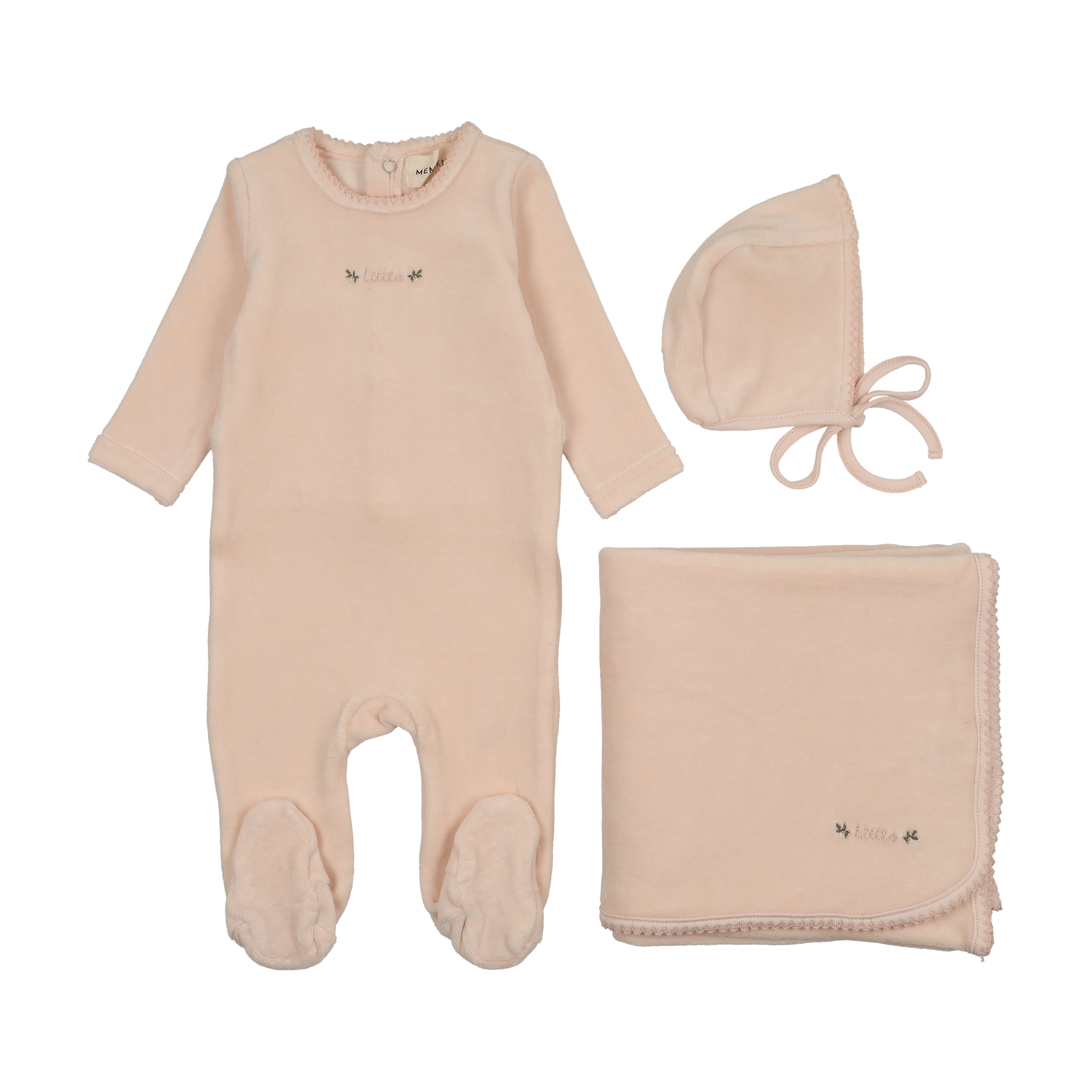 Mema Knits Embroidered Velour Layette Set - Baby Blush