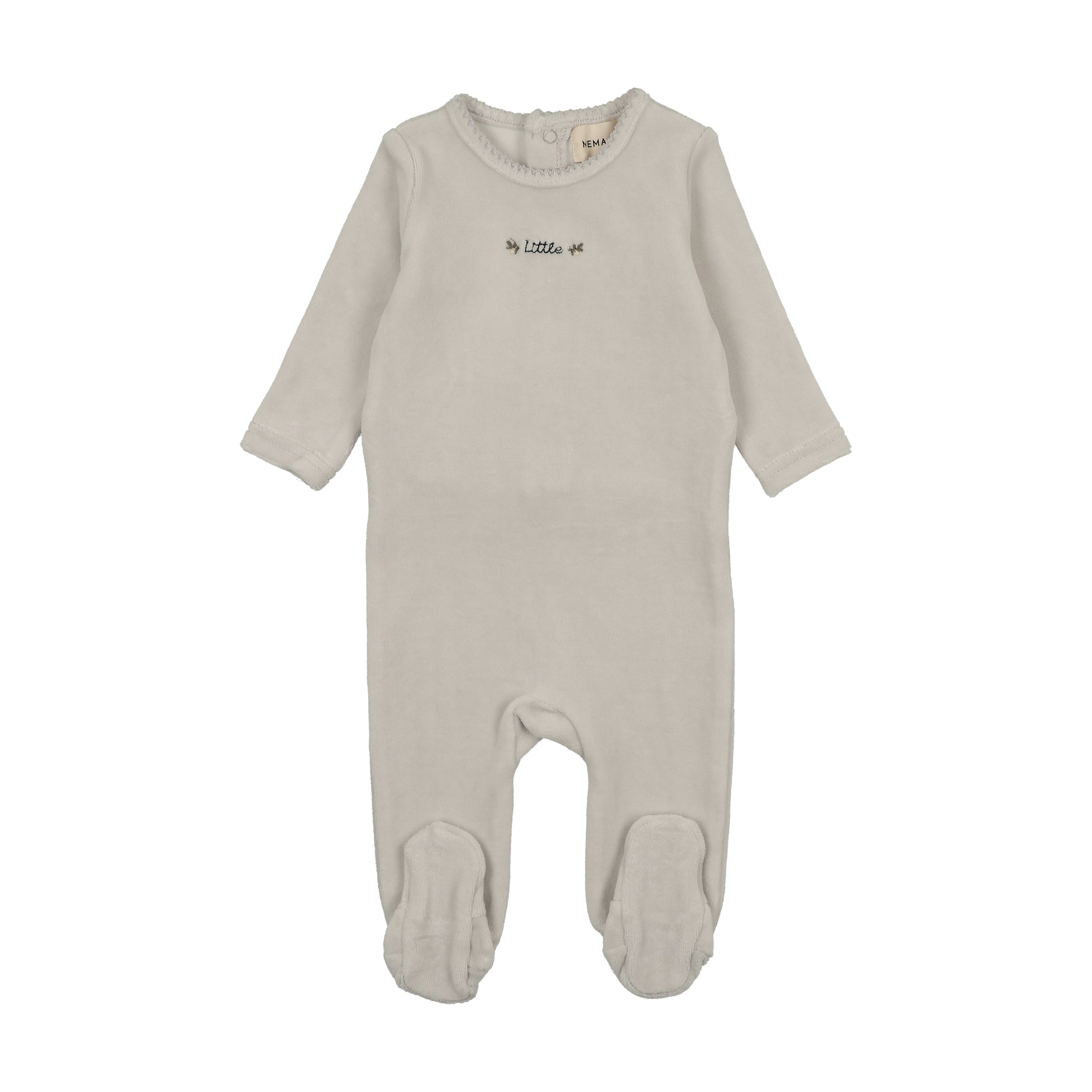 Mema Knits Embroidered Velour Footie - Ice Blue