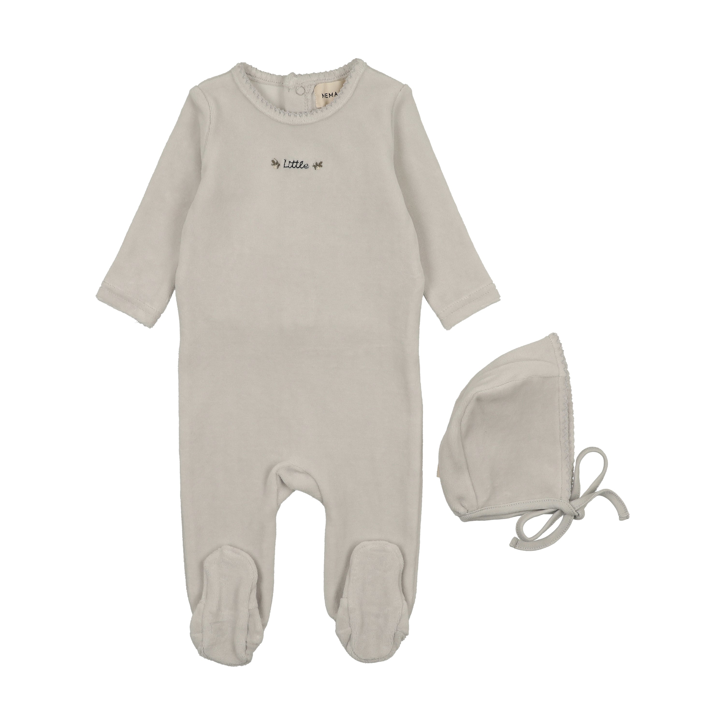 Mema Knits Embroidered Velour Footie & Hat - Ice Blue