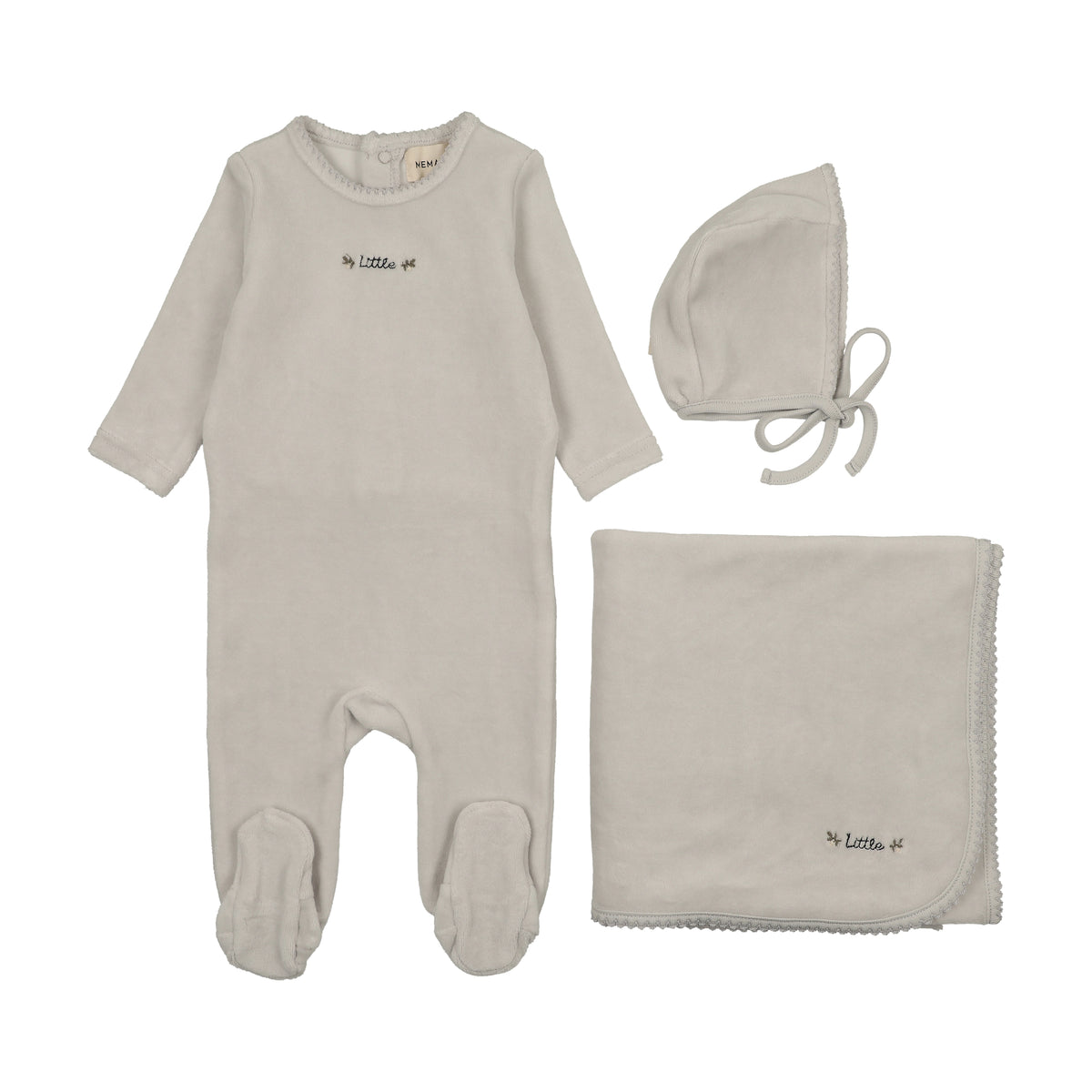 Mema Knits Embroidered Velour Layette Set - Ice Blue