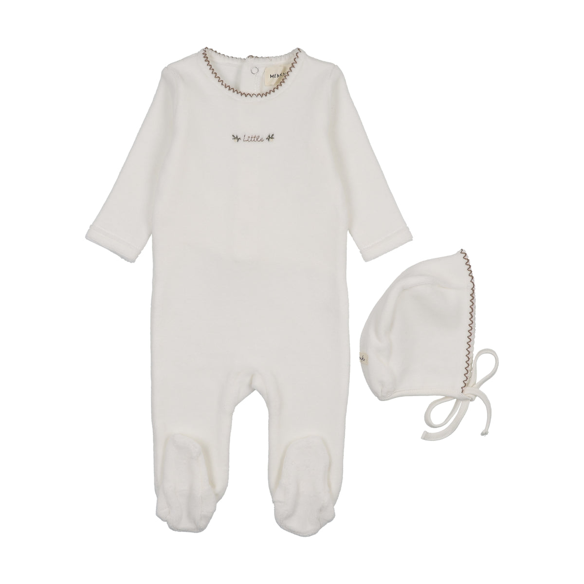 Mema Knits Embroidered Velour Footie & Hat - Winter White