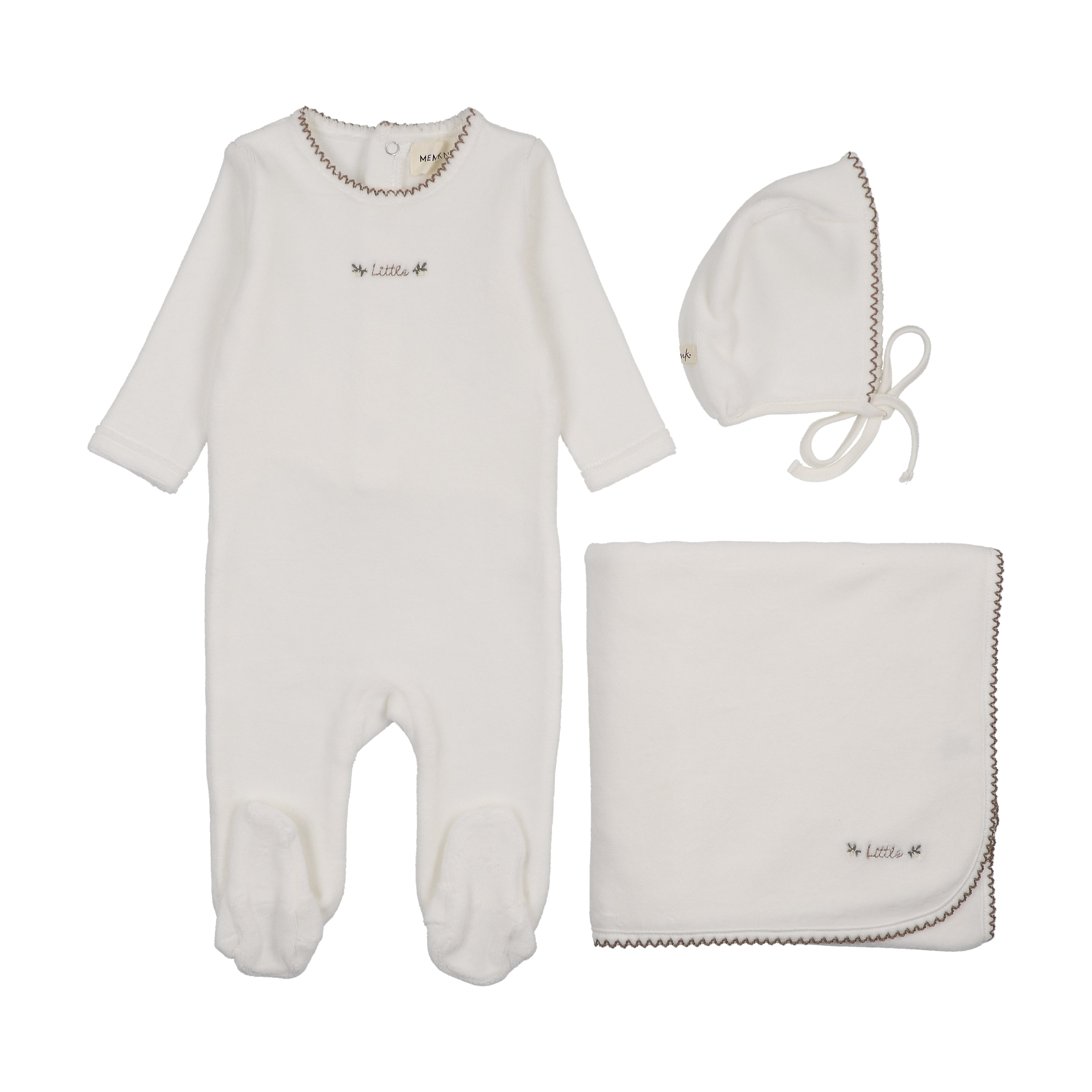 Mema Knits Embroidered Velour Layette Set - Winter White