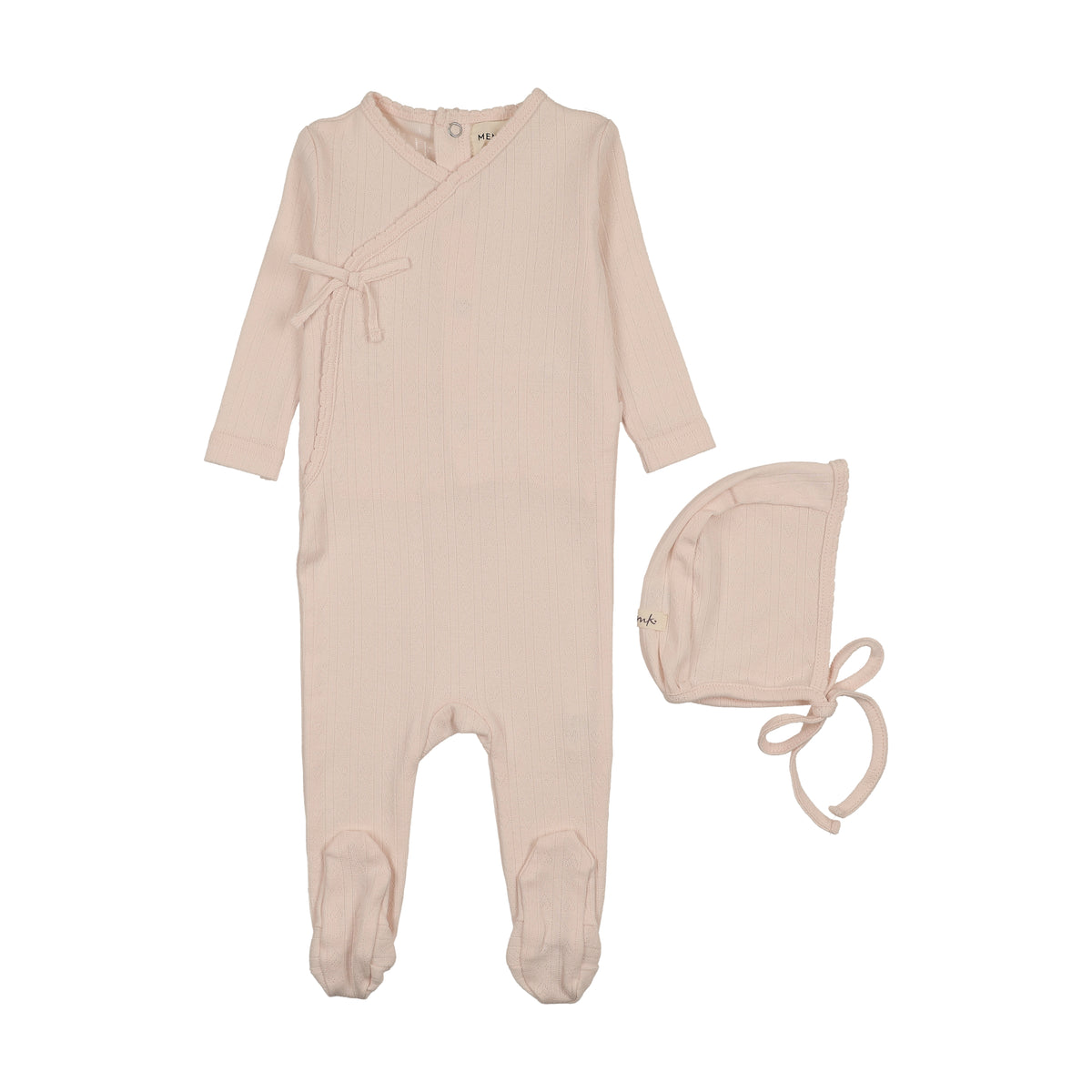 Mema Knits Mock Wrap Pointelle Footie & Bonnet - Baby Blush