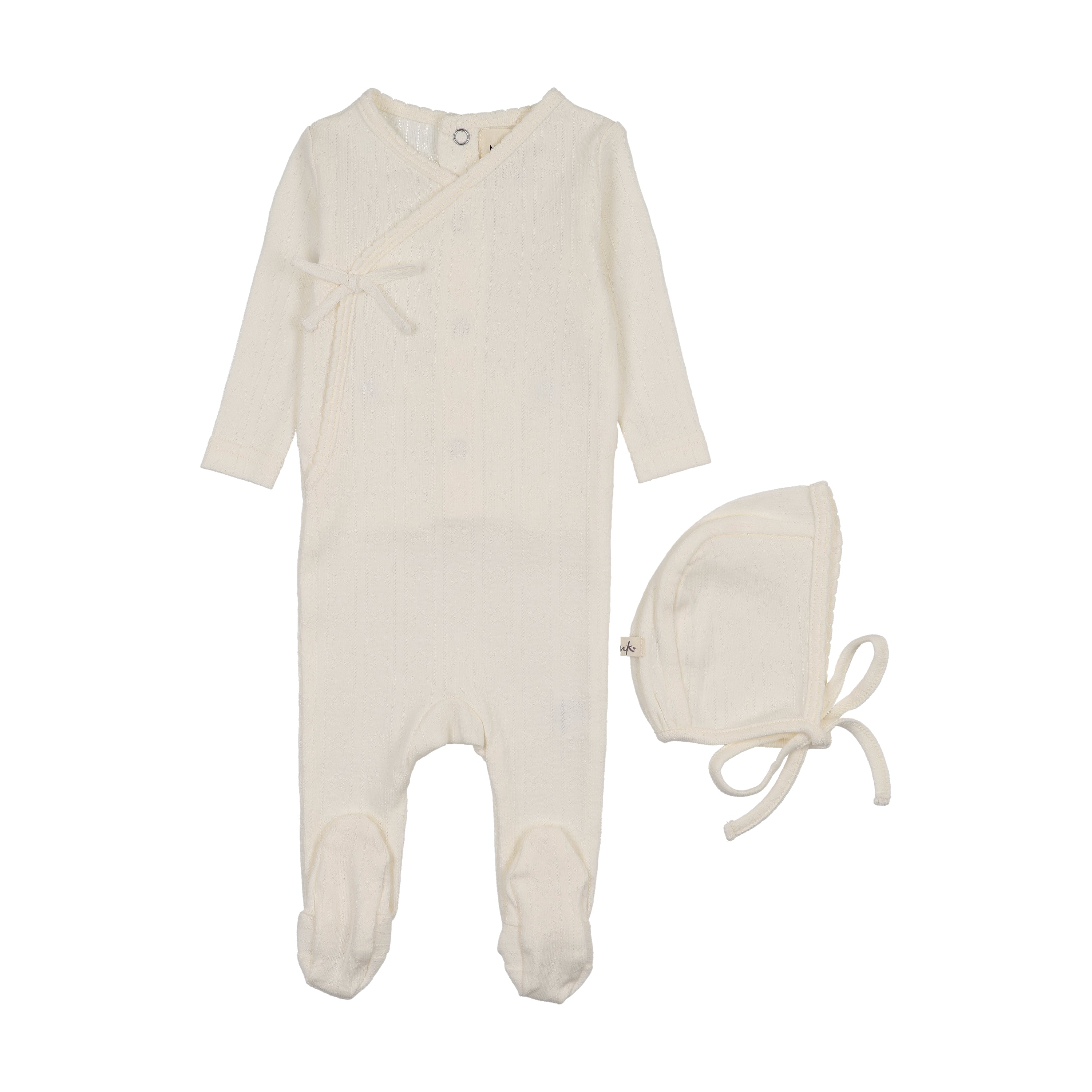 Mema Knits Mock Wrap Pointelle Footie & Bonnet - Ivory/Stars