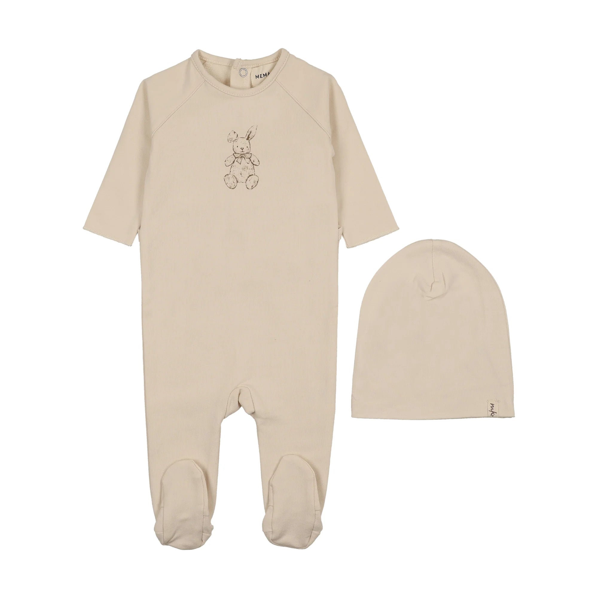 Mema Knits Vintage Bunny Footie & Hat - Light Beige/Otter