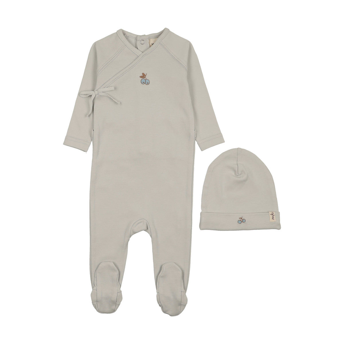 Mema Knits Cherry Print Mock Wrap Footie & Hat - Ice Blue