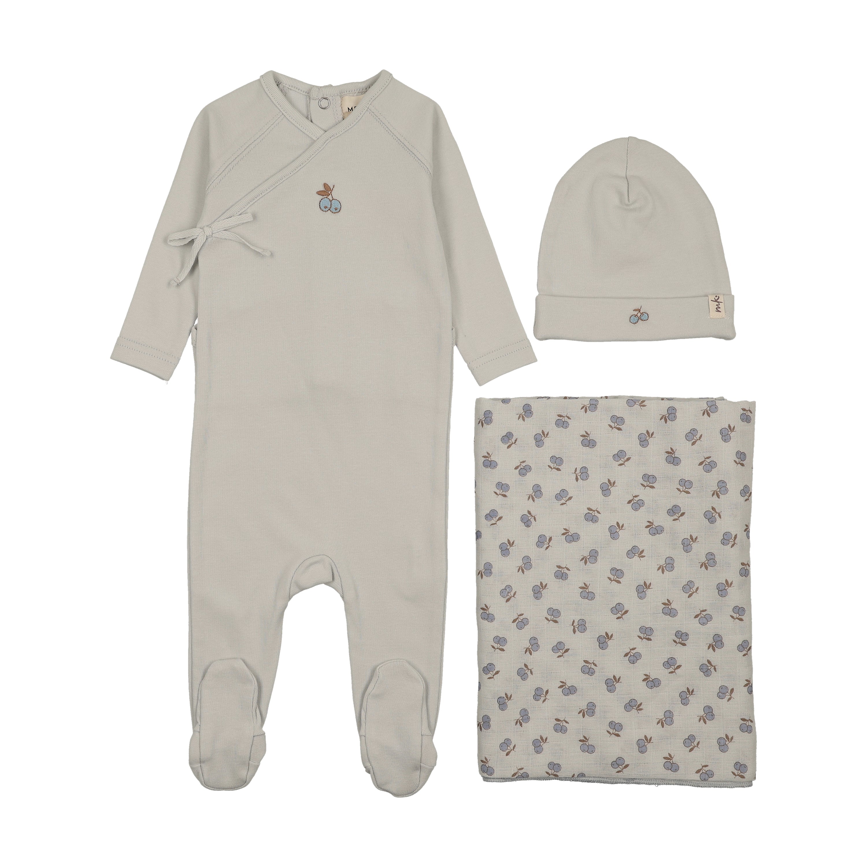 Mema Knits Cherry Print Mock Wrap Layette Set - Ice Blue
