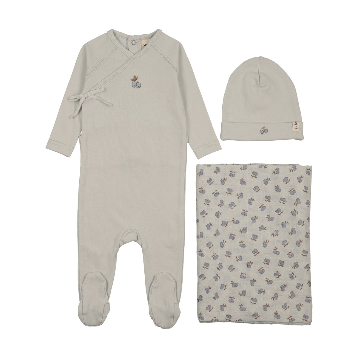 Mema Knits Cherry Print Mock Wrap Layette Set - Ice Blue