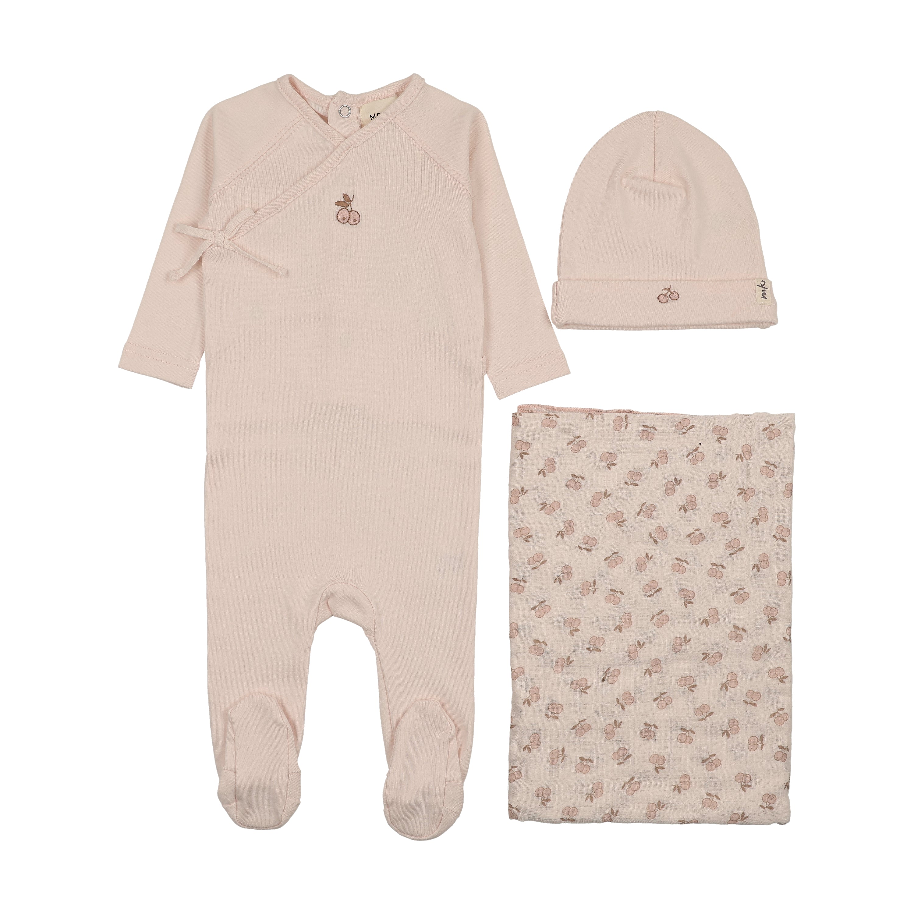 Mema Knits Cherry Print Mock Wrap Layette Set - Baby Blush