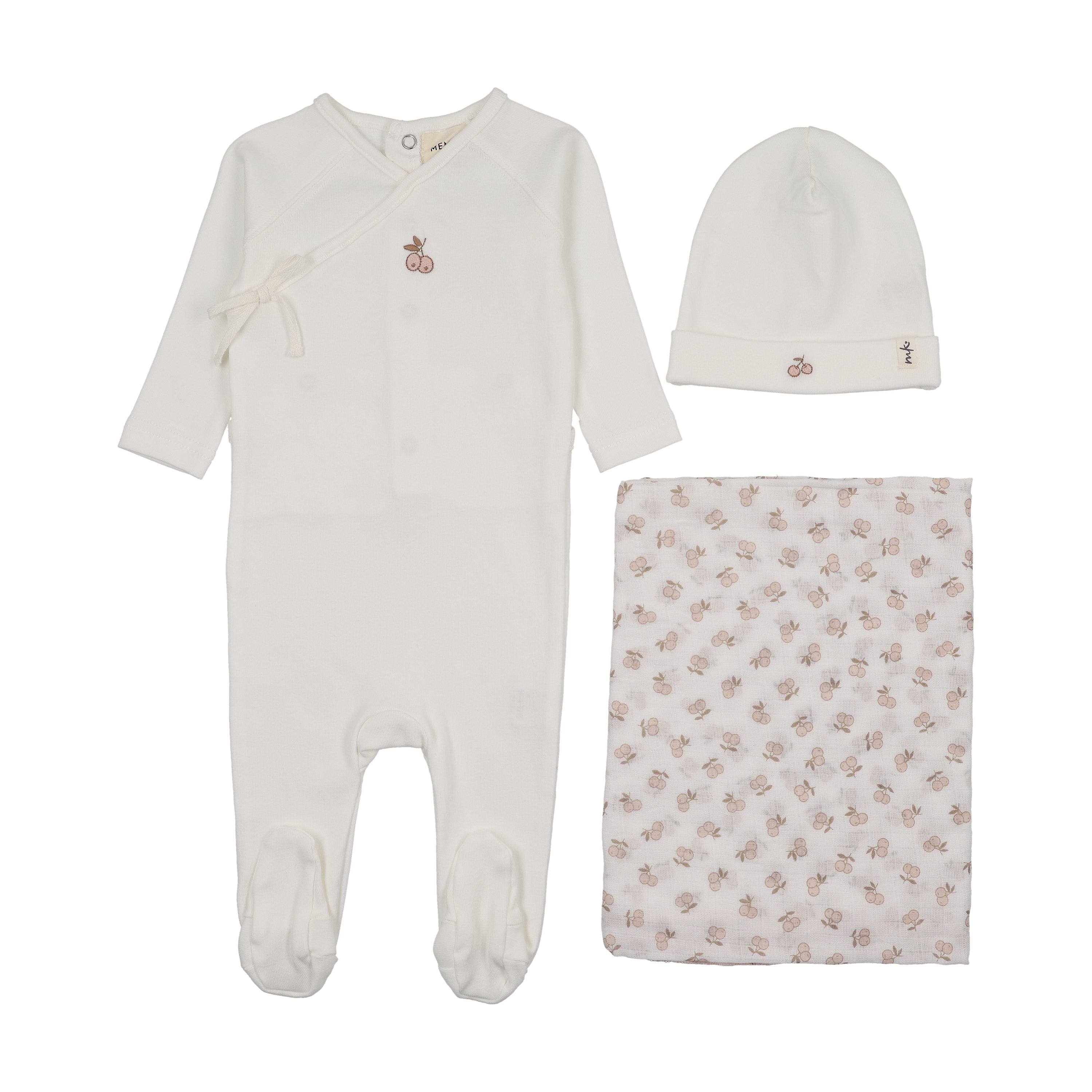 Mema Knits Cherry Print Mock Wrap Layette Set - WW/Pink Cherry