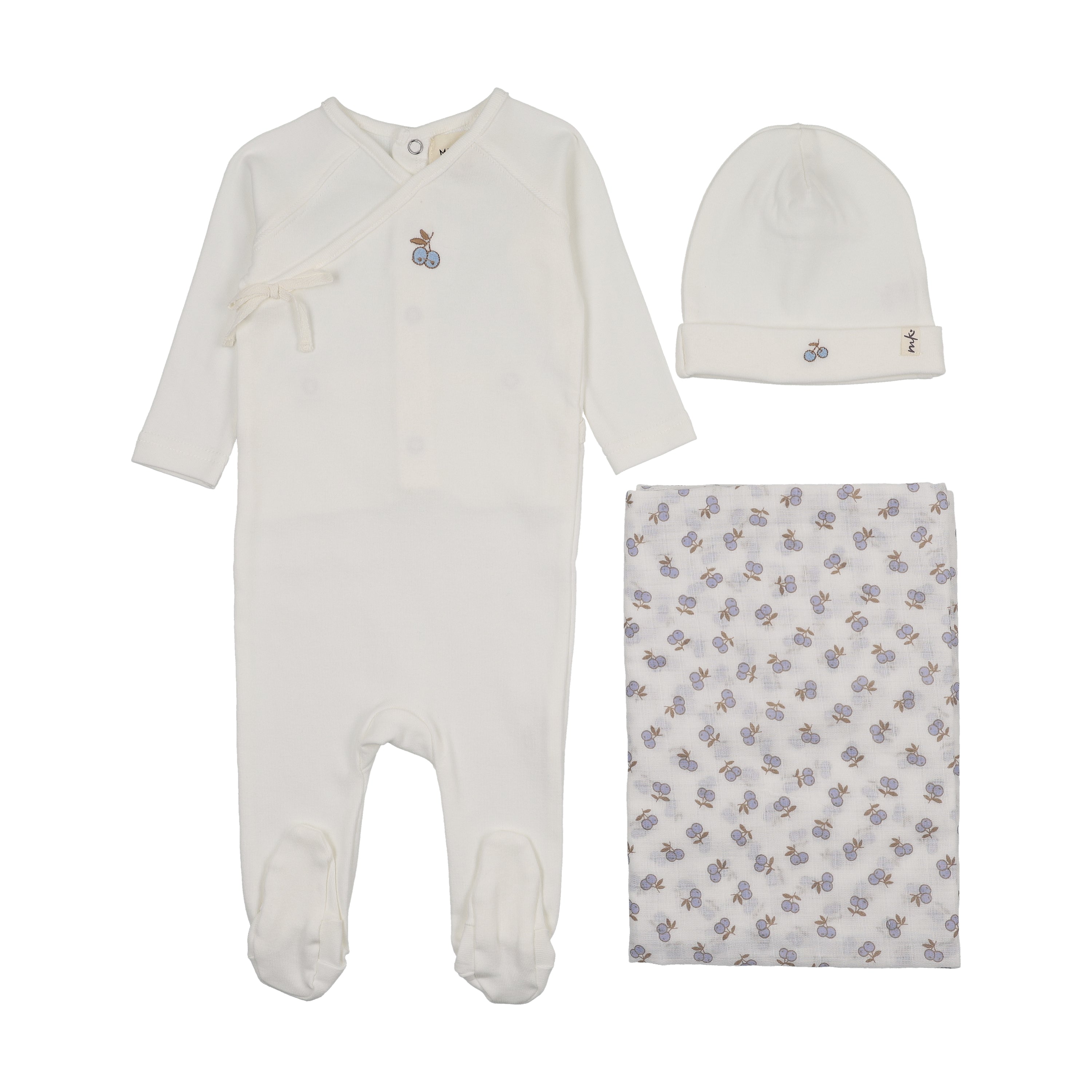 Mema Knits Cherry Print Mock Wrap Layette Set - WW/Light Blue Cherry