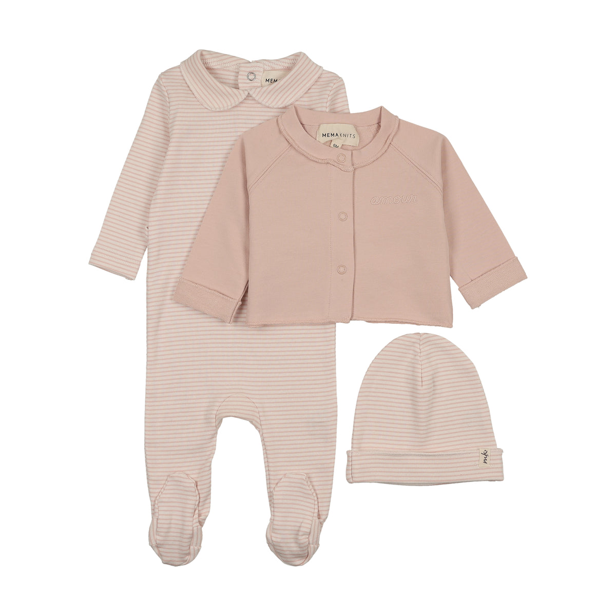 Mema Knits Striped Collared Footie, Hat & Cardigan Set - Pale Rose