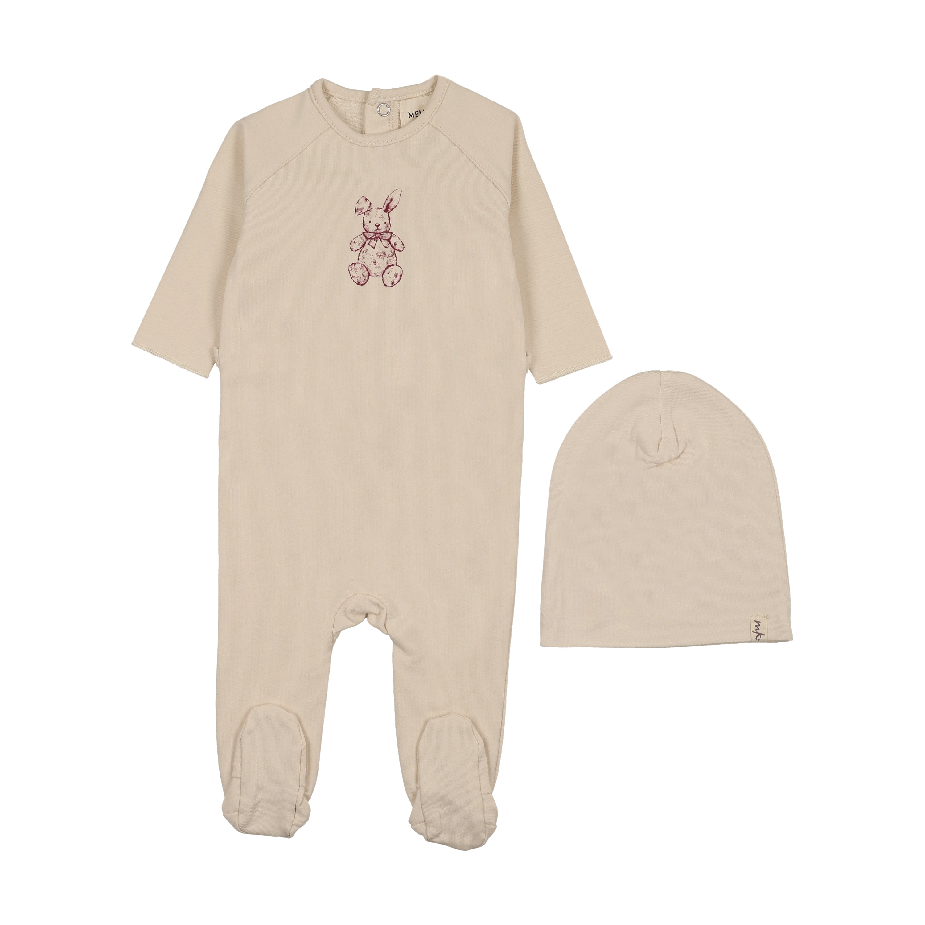 Mema Knits Vintage Bunny Footie & Hat - Light Beige/Rosewood