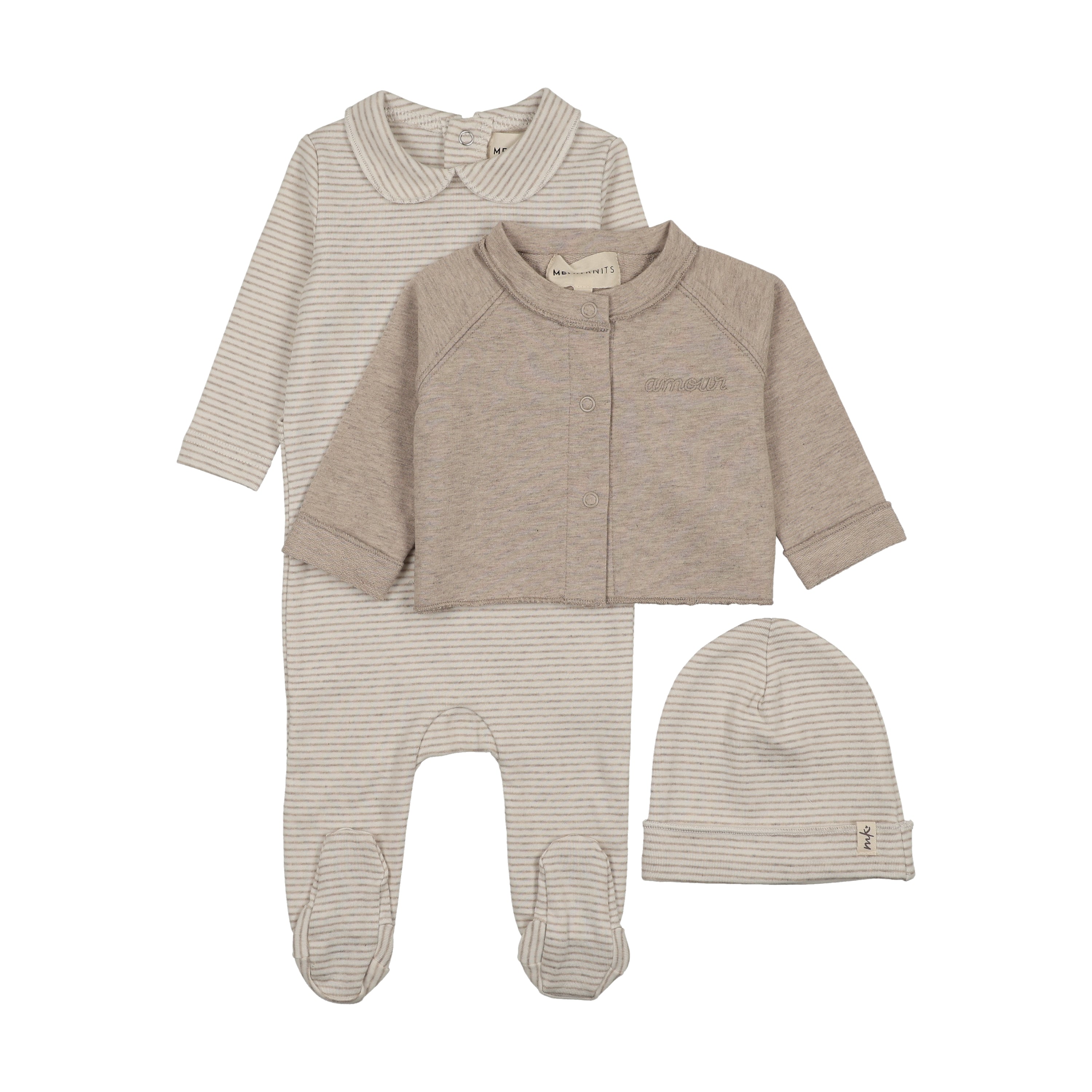 Mema Knits Striped Collared Footie, Hat & Cardigan Set - Beige Melange