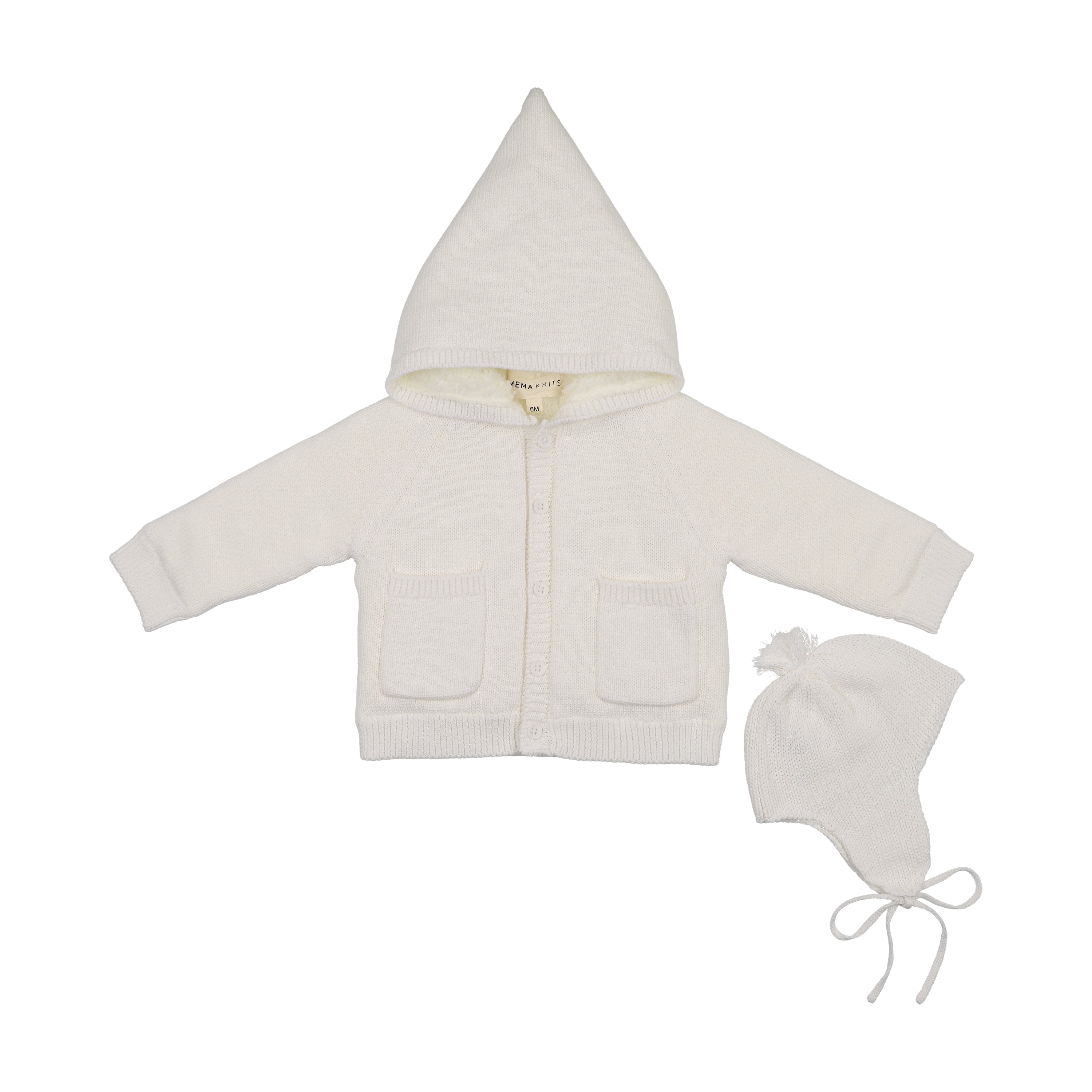 Mema Knits Hooded Knit Sherpa Lined Sweater  - Winter White