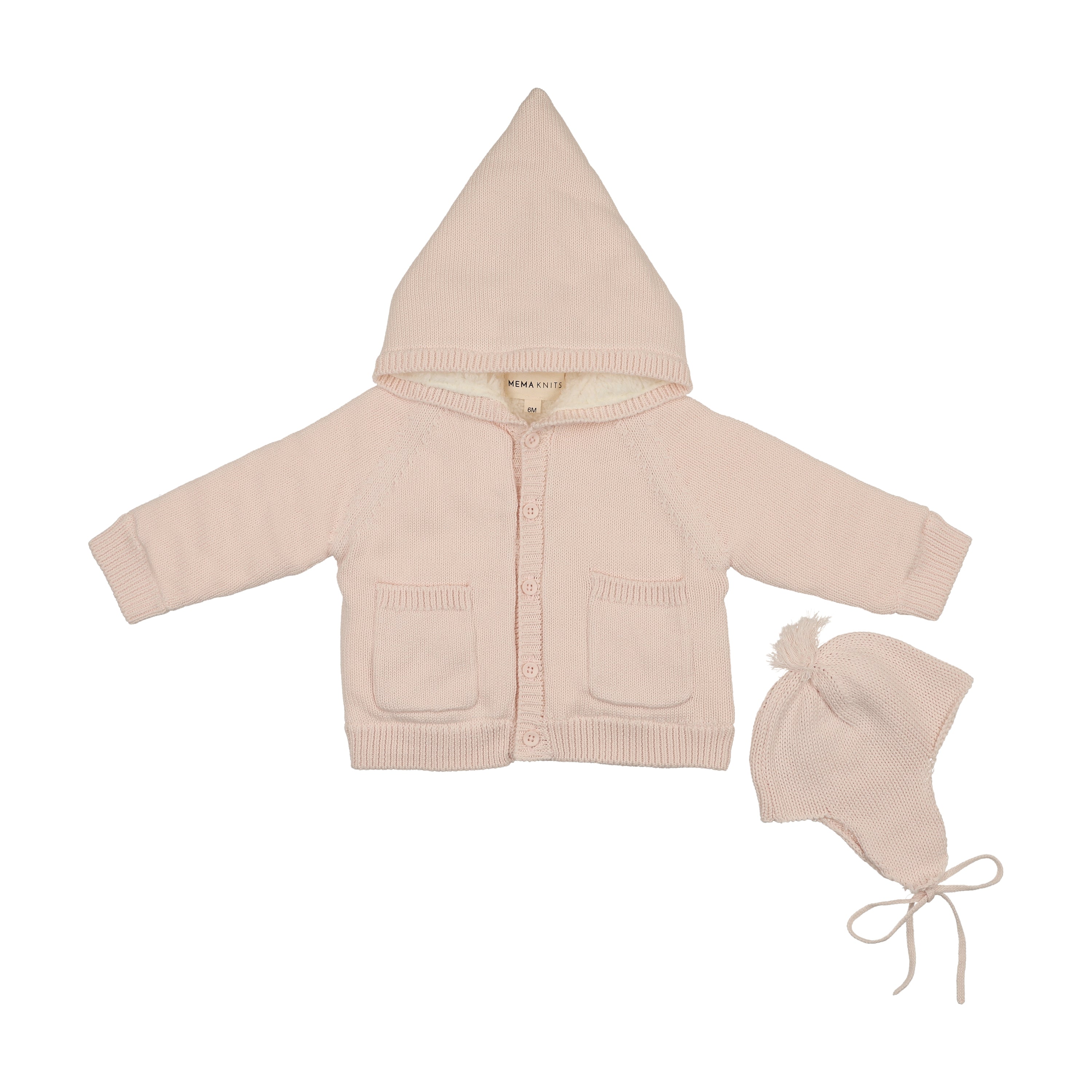 Mema Knits Hooded Knit Sherpa Lined Sweater - Baby Blush