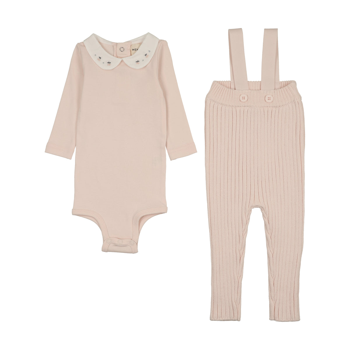 Mema Knits Knit Overall & Embroidered Collar Onesie Set - Baby Blush