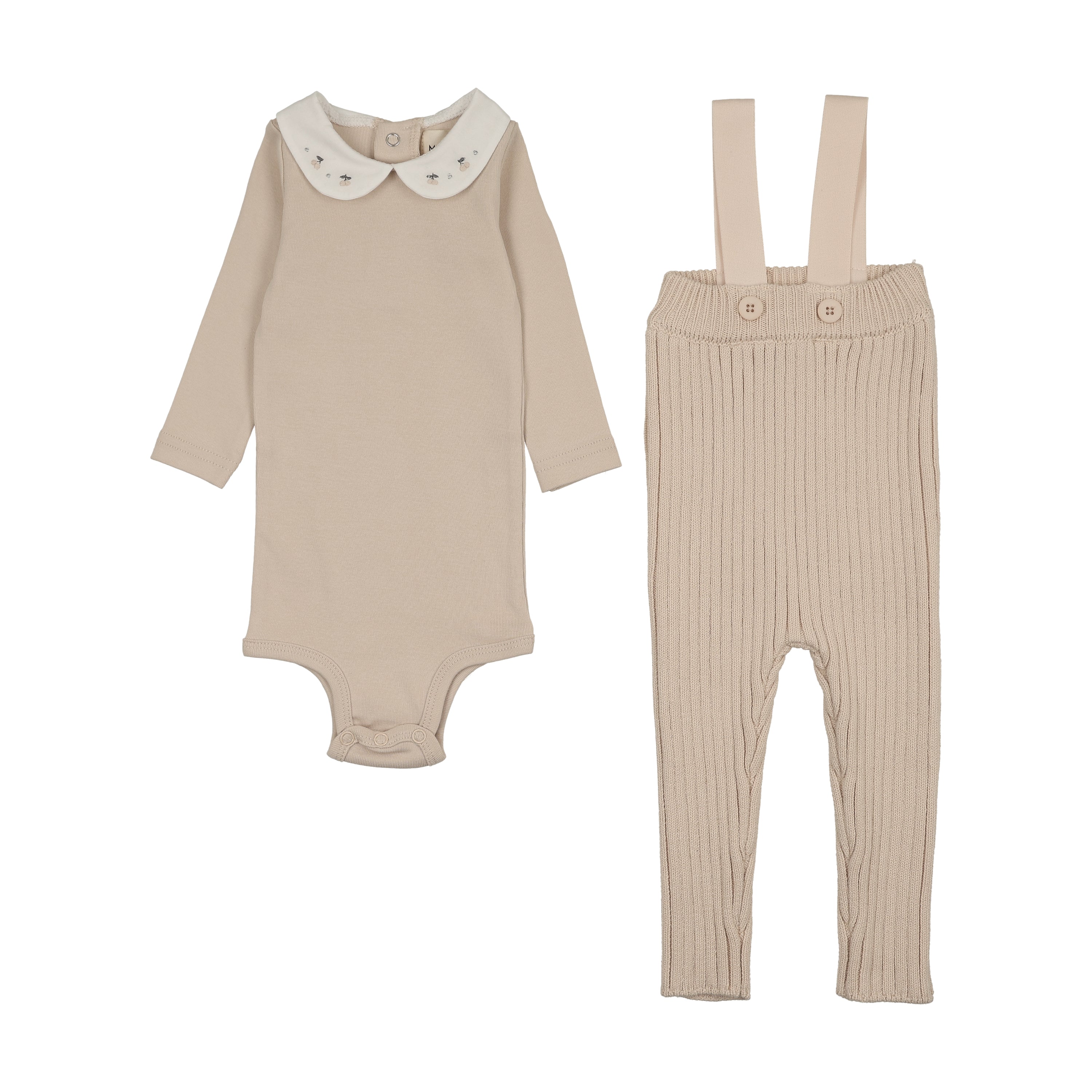 Mema Knits Knit Overall & Embroidered Collar Onesie Set - Sand