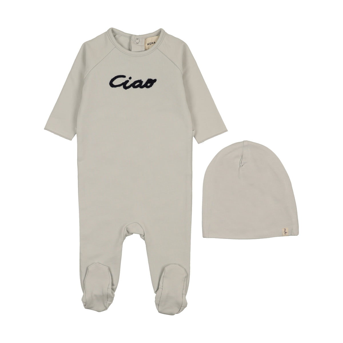 Mema Knits French Terry Embroidered Wordart Footie & Beanie - Ice Blue