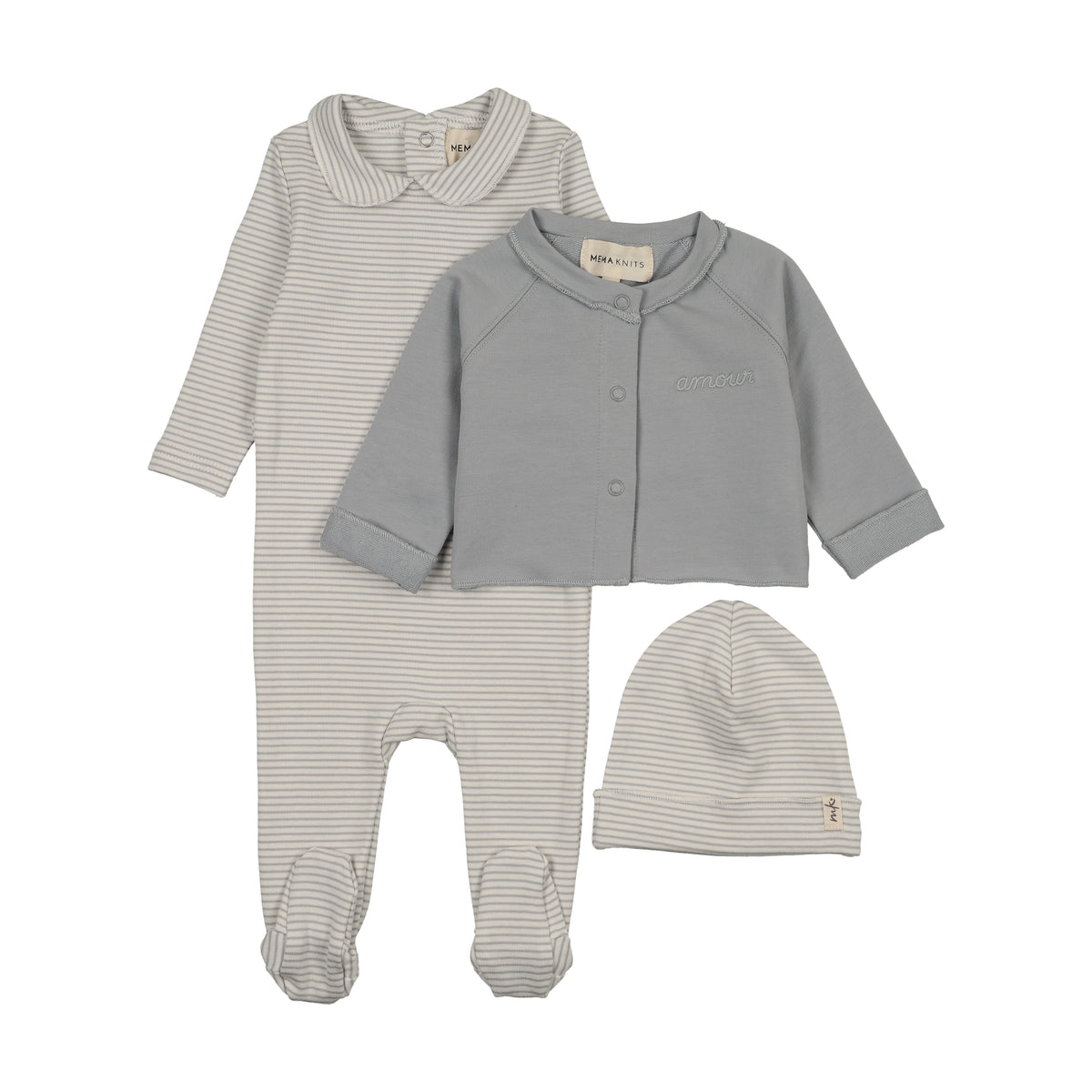 Mema Knits Striped Collared Footie, Hat & Cardigan Set - Dove Blue
