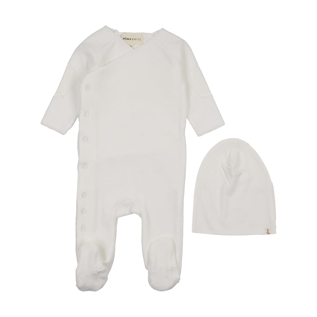 Mema Knits Velour Side Snap Footie & Hat - Winter White