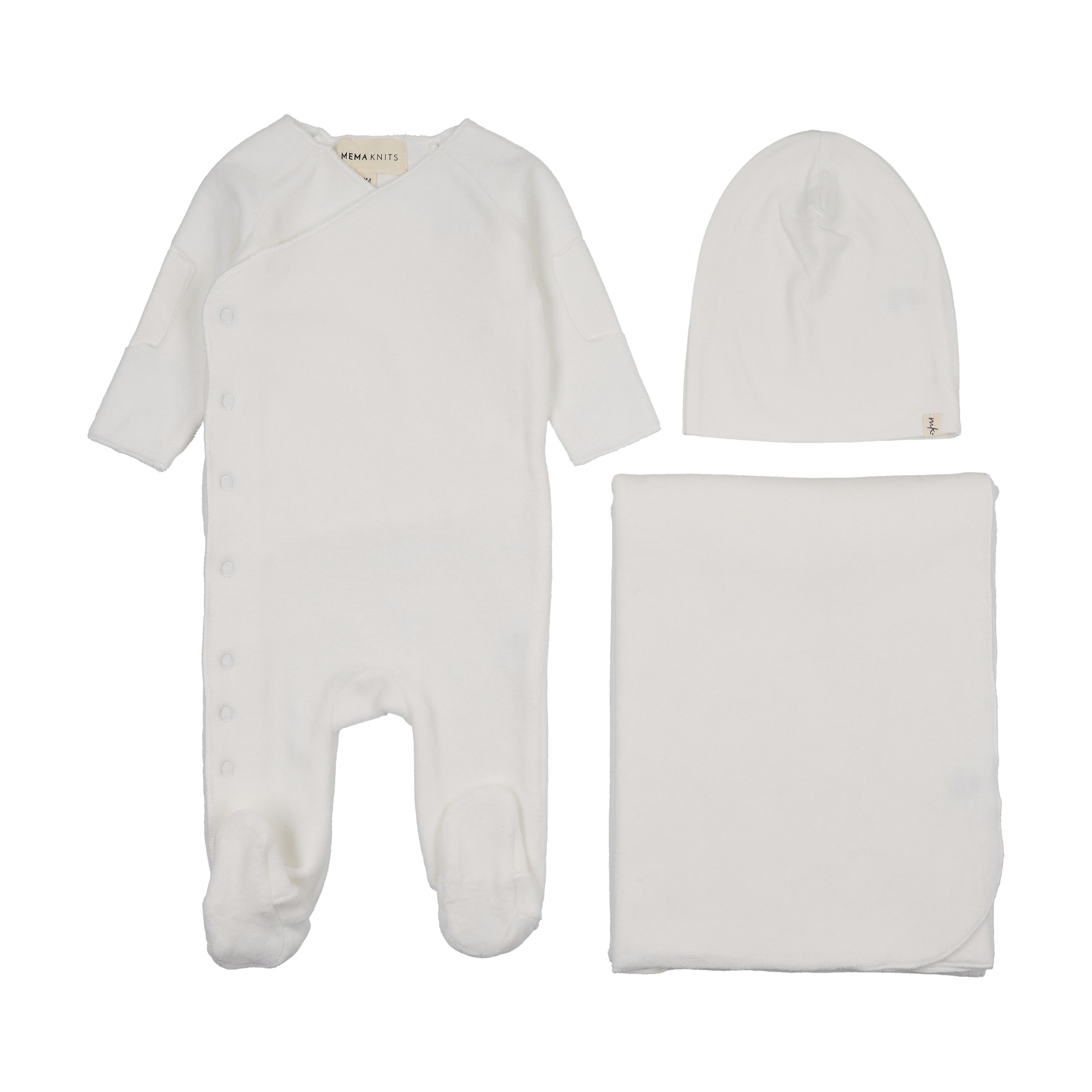 Mema Knits Velour Side Snap Layette Set - Winter White