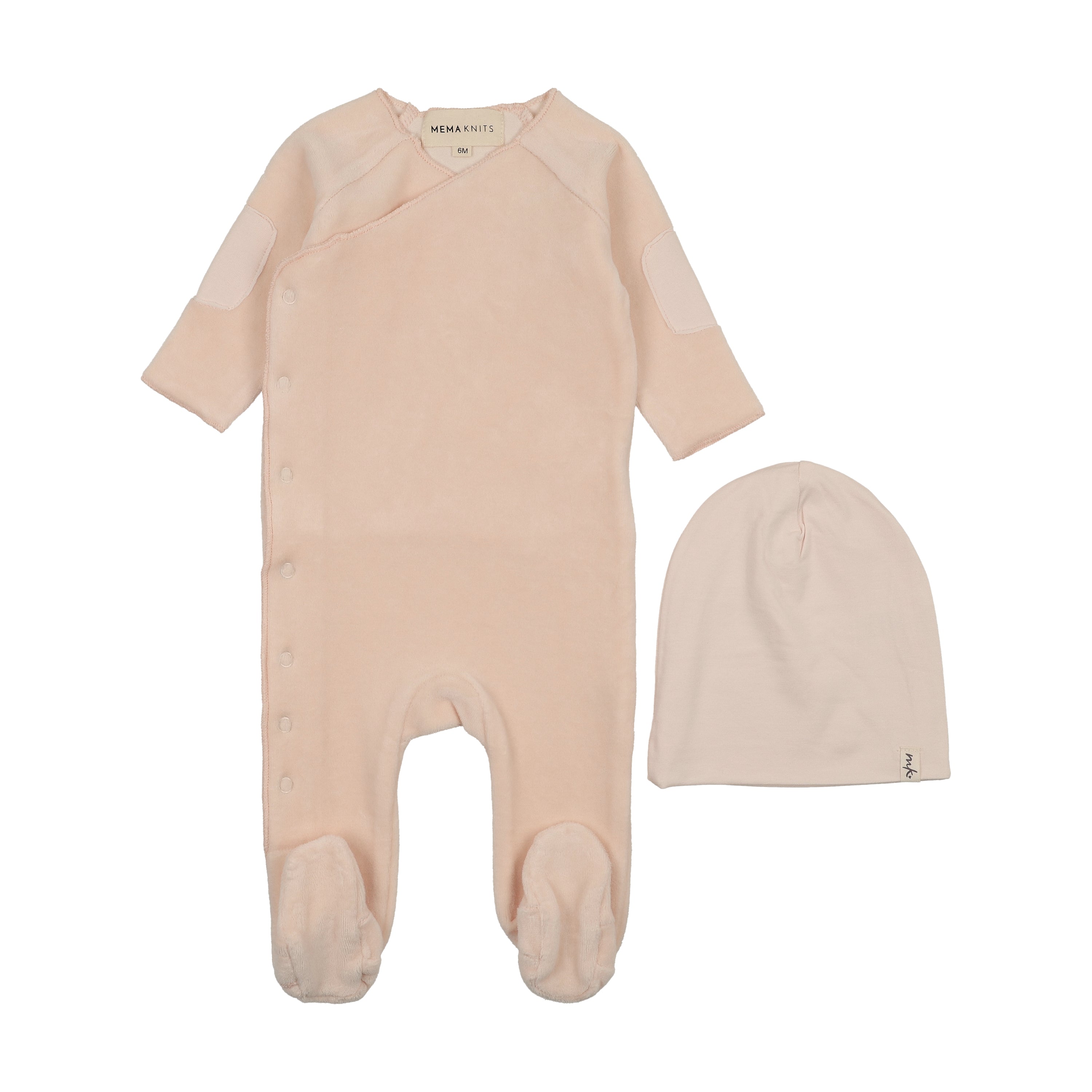Mema Knits Velour Side Snap Footie & Hat - Baby Blush