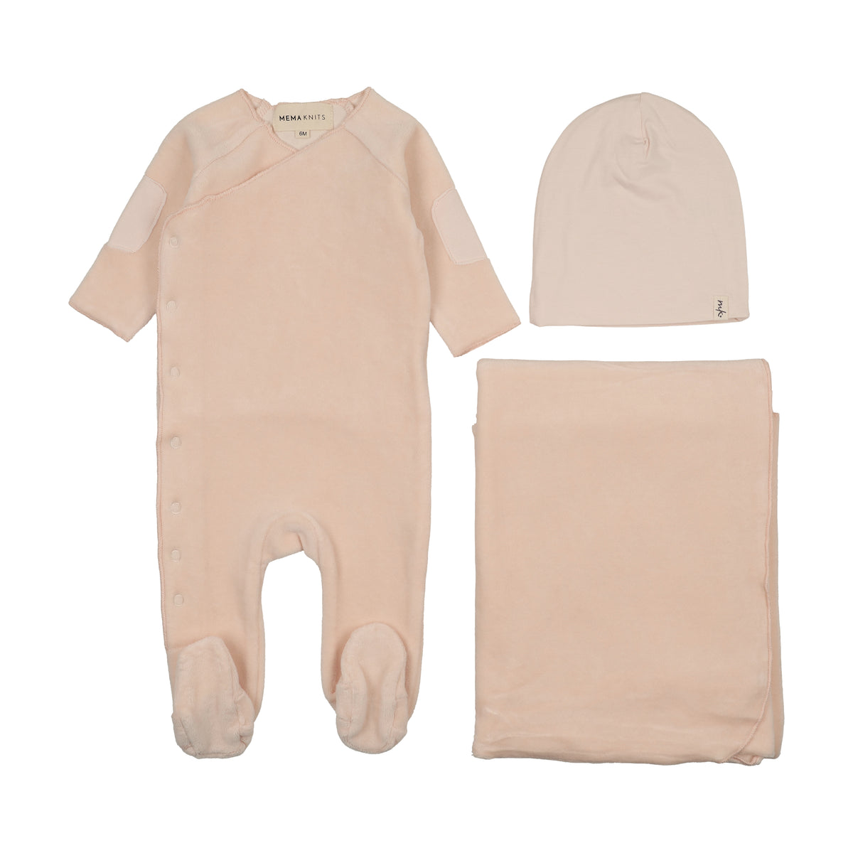 Mema Knits Velour Side Snap Layette Set - Baby Blush