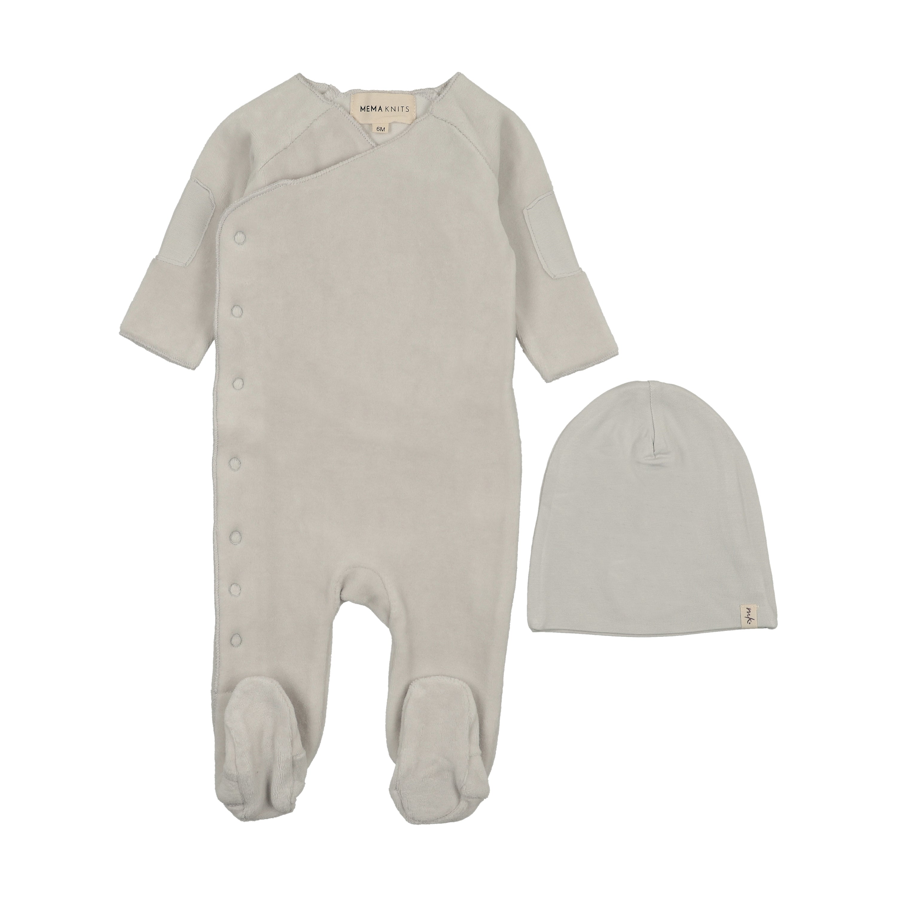 Mema Knits Velour Side Snap Footie & Hat - Ice Blue