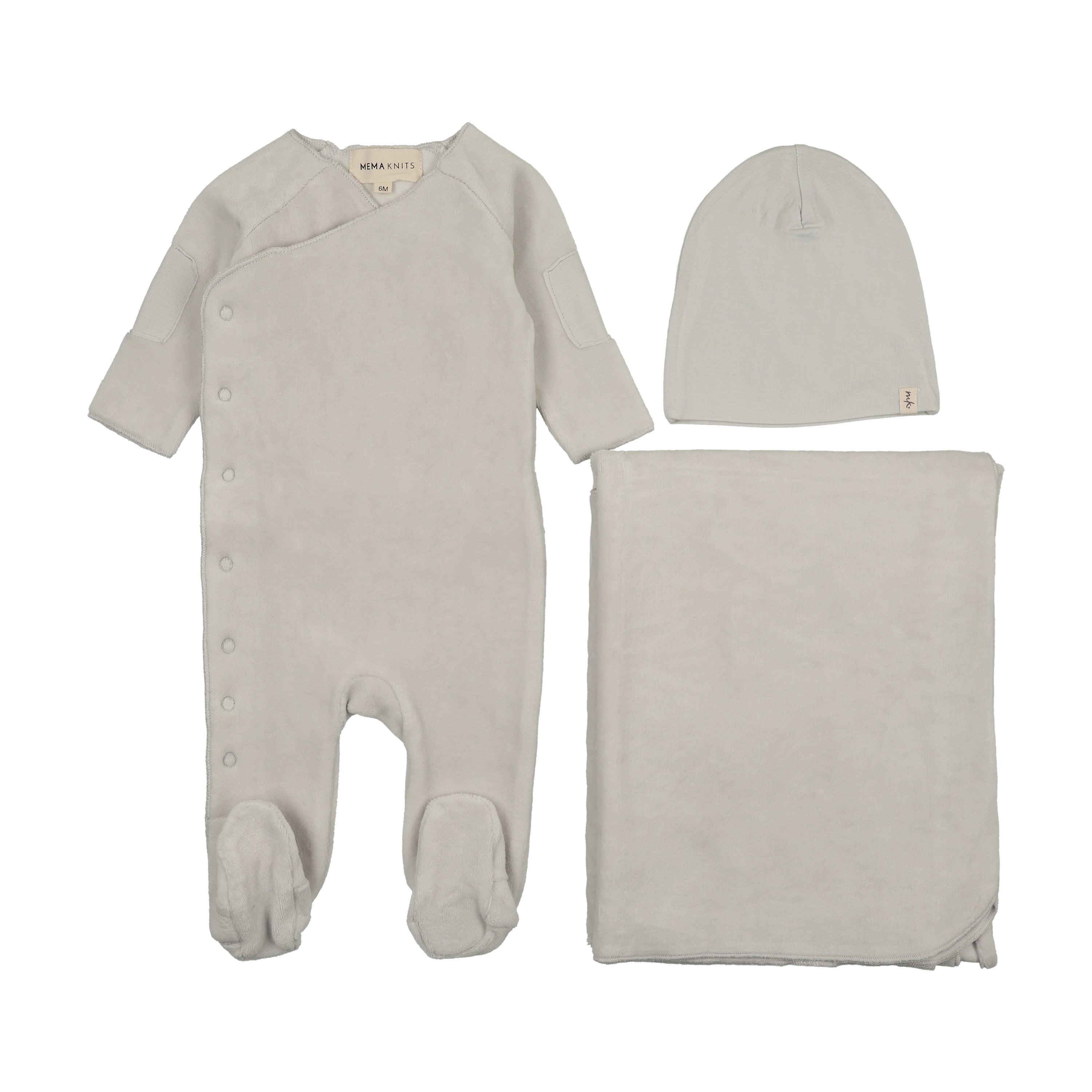 Mema Knits Velour Side Snap Layette Set - Ice Blue