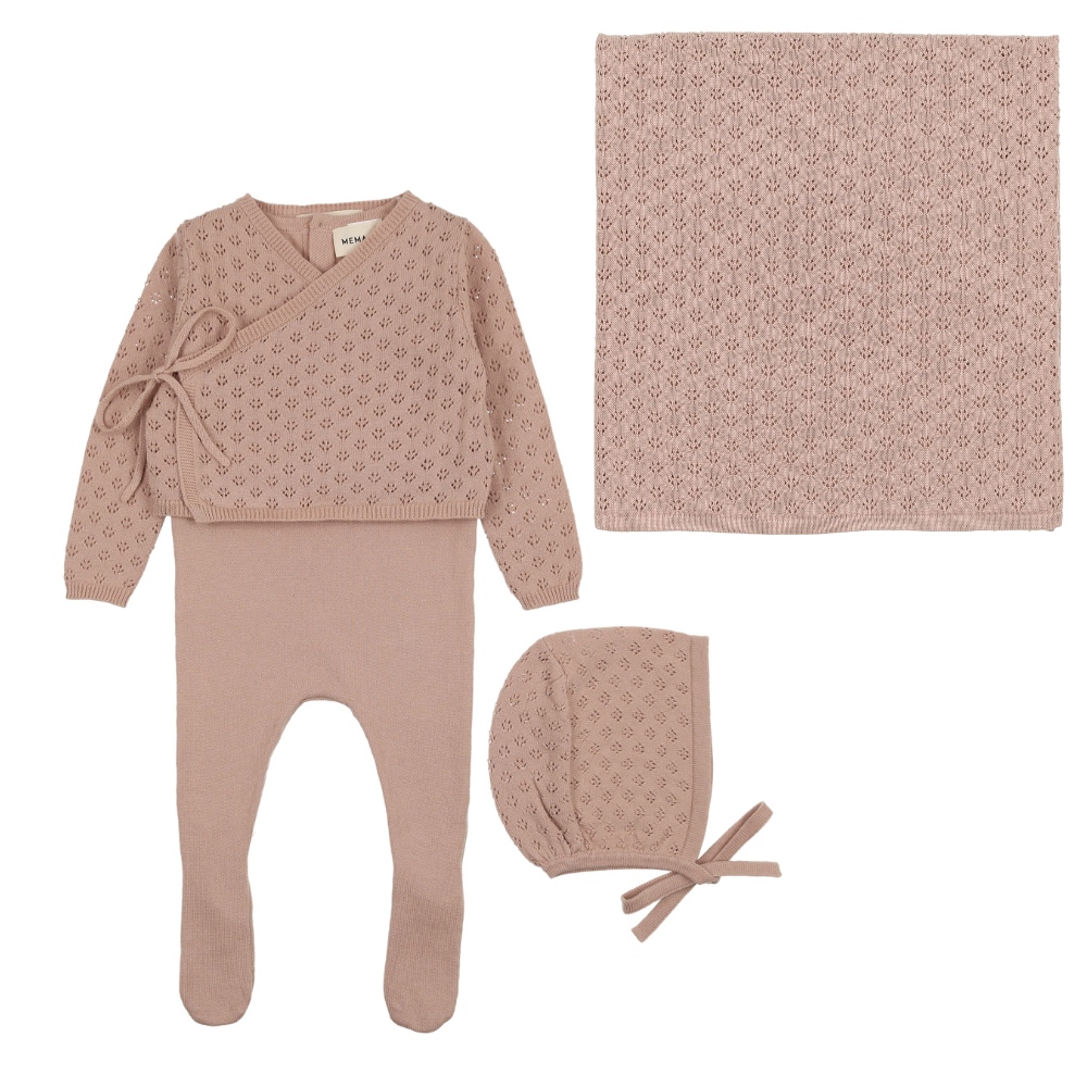 Mema Knits Jumper Footie & Hat W Cardigan  Layette Set