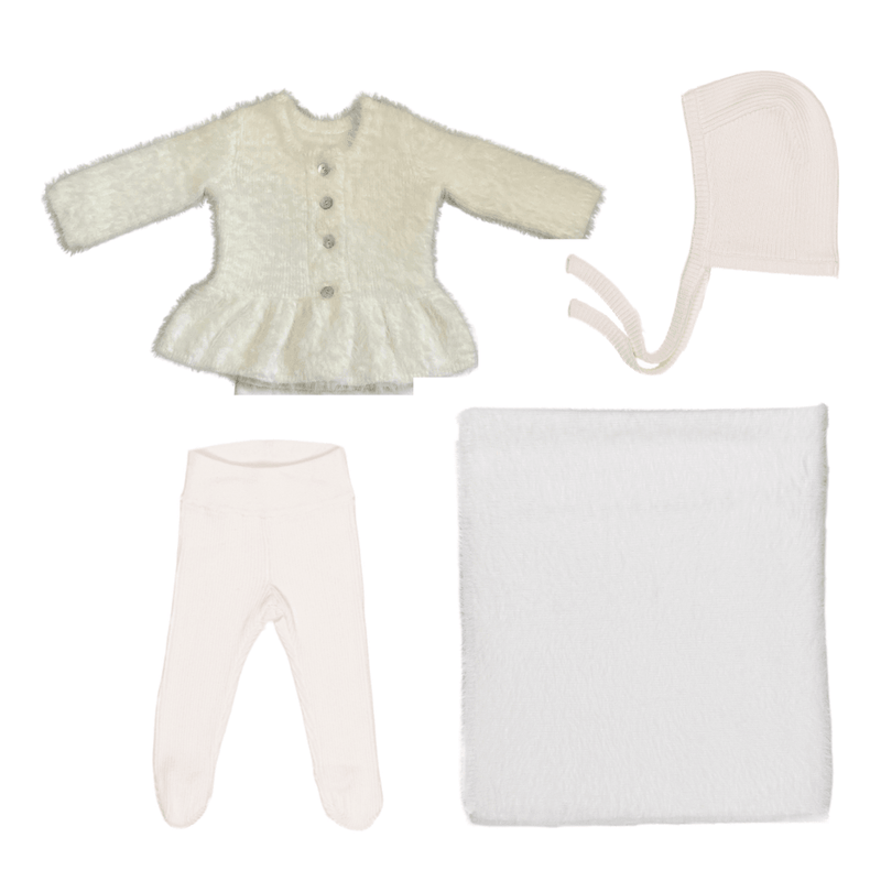 Kipp Mink Ruffle Cardigan, Leggings & Hat Set W Blanket