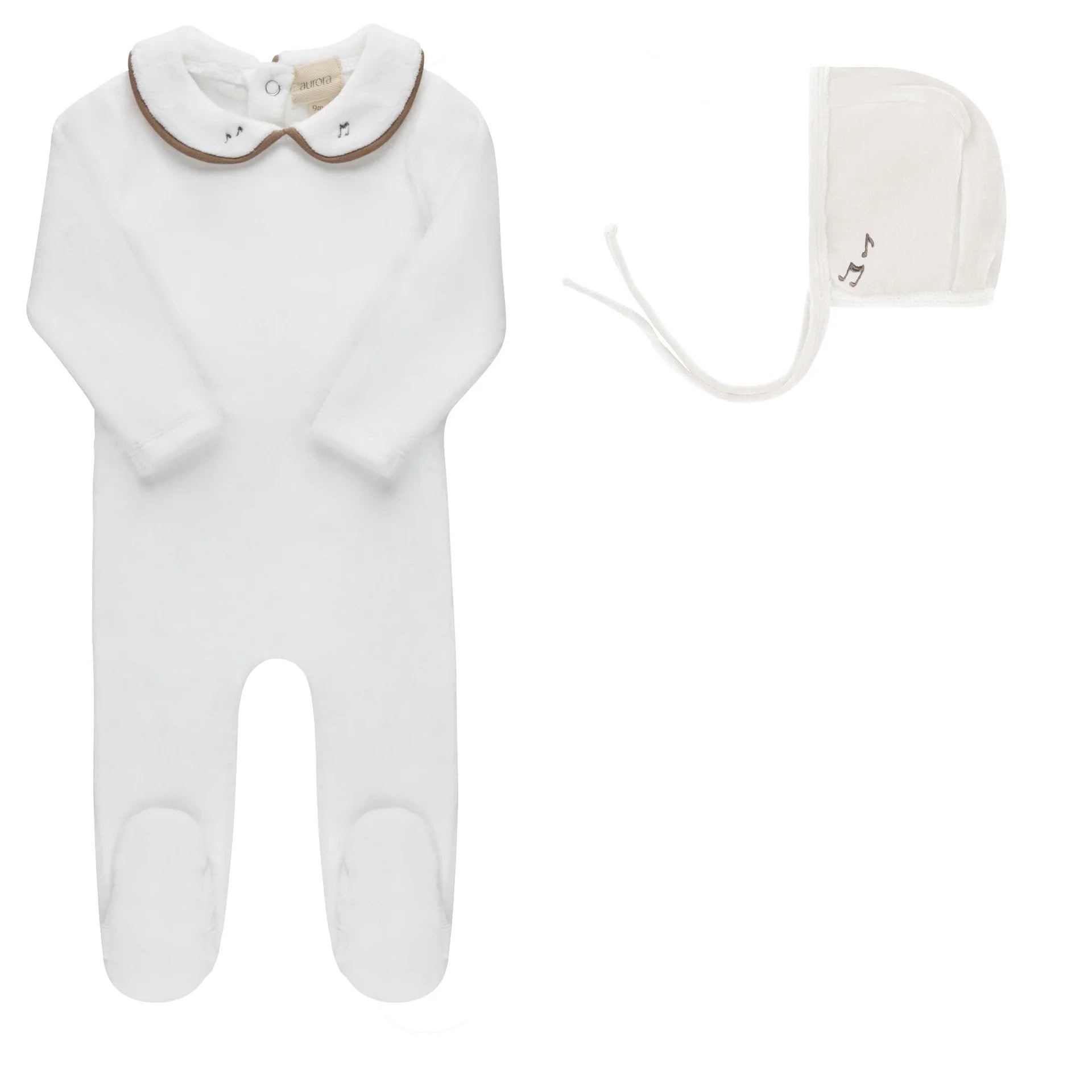 Aurora Embroidered Velour Collar Footie & Bonnet - Ivory Brown
