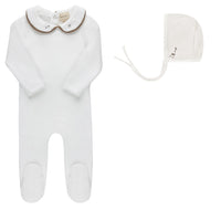 Aurora Embroidered Velour Collar Footie & Bonnet - Ivory Brown