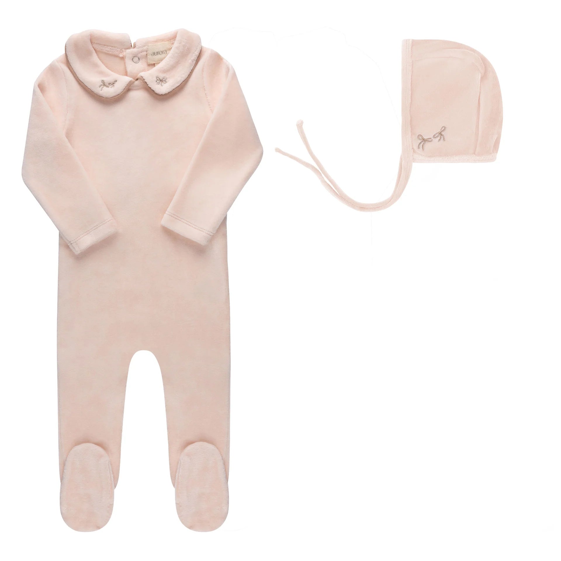 Aurora Embroidered Velour Collar Footie & Bonnet - Pink