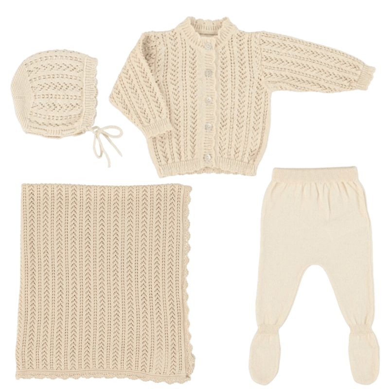 Bebe Organic Nora Baby Cardigan, Pants, Bonnet, & Blanket Set