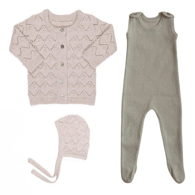 Kipp Rib Knit Overalls, Chunky Pointelle Cardigan & Bonnet Set